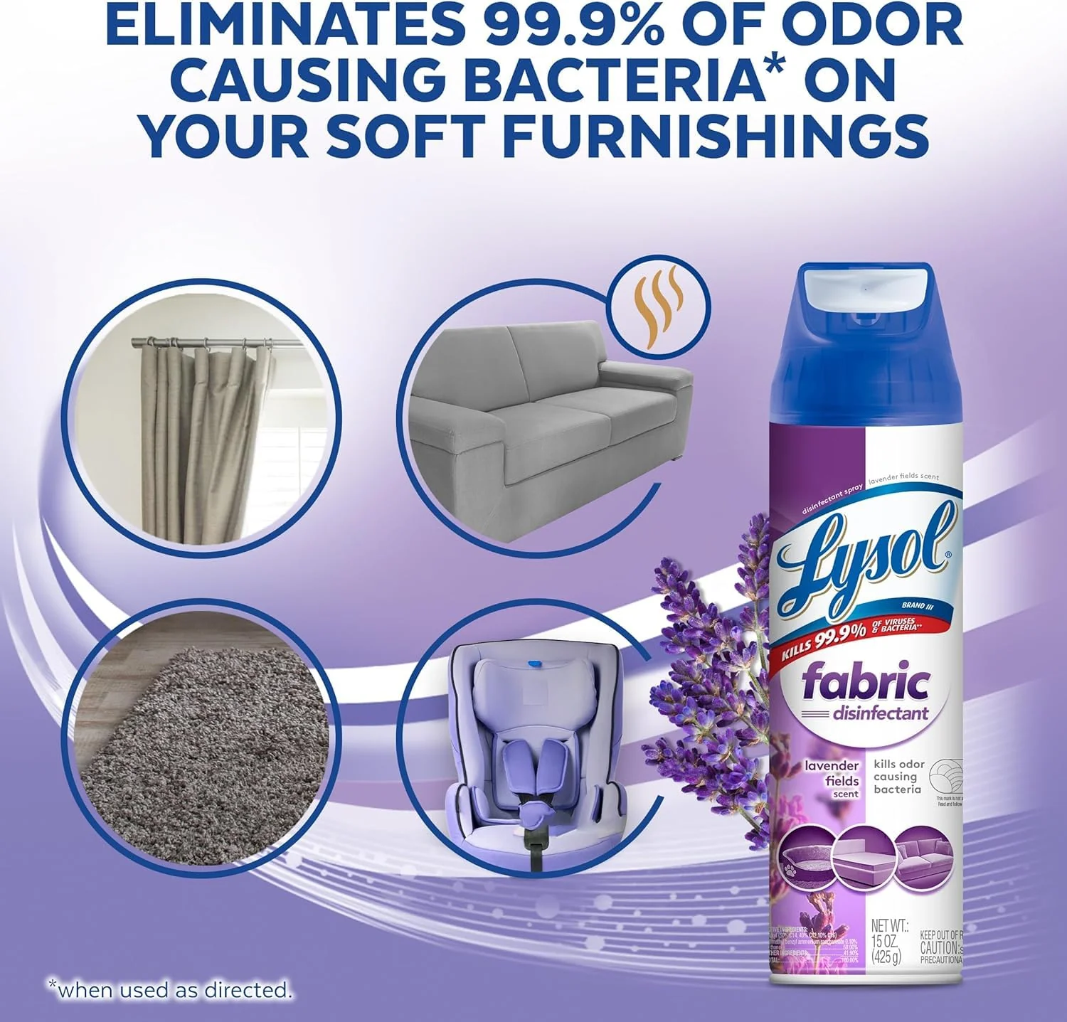 Lysol Fabric Disinfectant Spray, Sanitizing and Antibacterial Spray, For Disinfecting and Deodorizing Soft Furnishings, Lavender Fields 15 Fl. Oz (Pack of 3) - Image 5