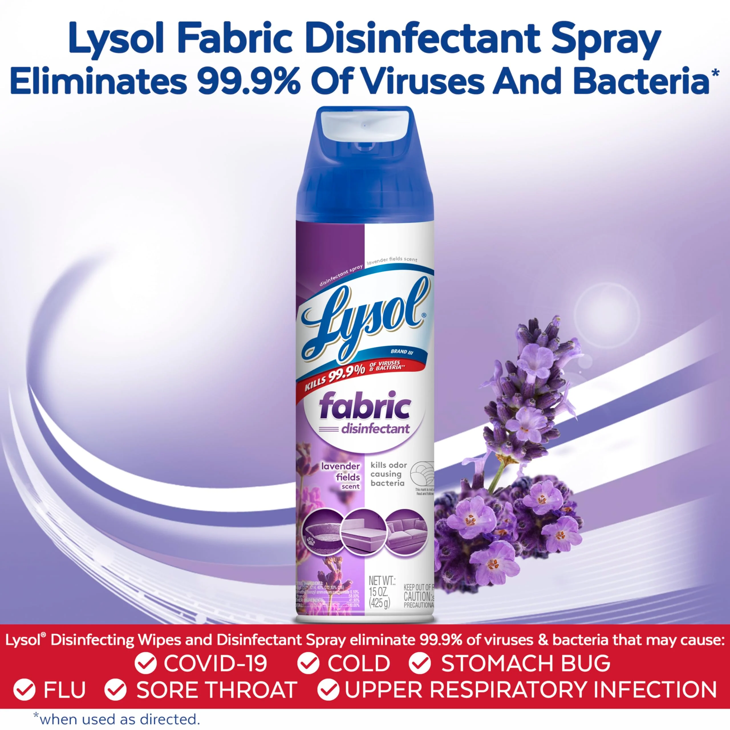 Lysol Fabric Disinfectant Spray, Sanitizing and Antibacterial Spray, For Disinfecting and Deodorizing Soft Furnishings, Lavender Fields 15 Fl. Oz (Pack of 3) - Image 6