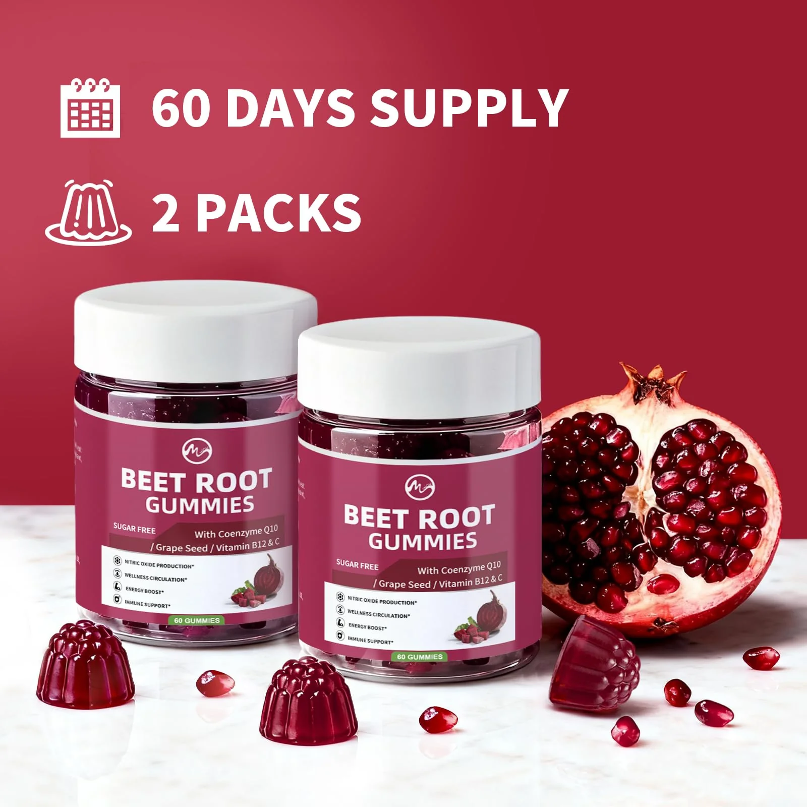 M inch Beet Root Gummies, Blood* Pressure Support & Nitric Oxide Booster, 8-in-1 Wellness Formula with Grape Seed, Coq10, Folic Acid, Vitamin C, B3 & B12, Sugar Free, Vegan, Pomegranate Flavor, 2 Pack - Image 2