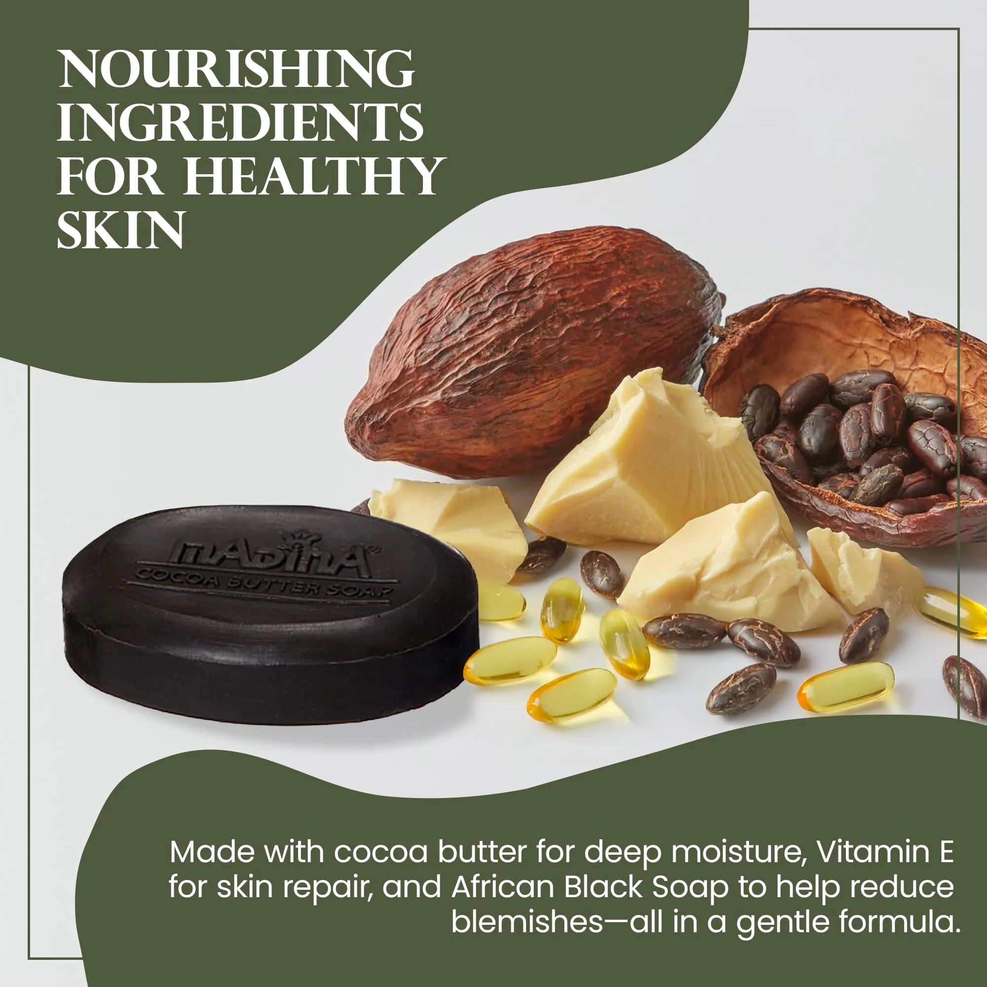 Madina African Black Soap Bar – Cocoa Butter, Vitamin E, Moisturizing, Skin-Restoring, Marks & Blemishes, Face & Body Cleanser, 100% Vegetable-Based, Halal, 6 Pack (3.5 oz Each) - Image 4