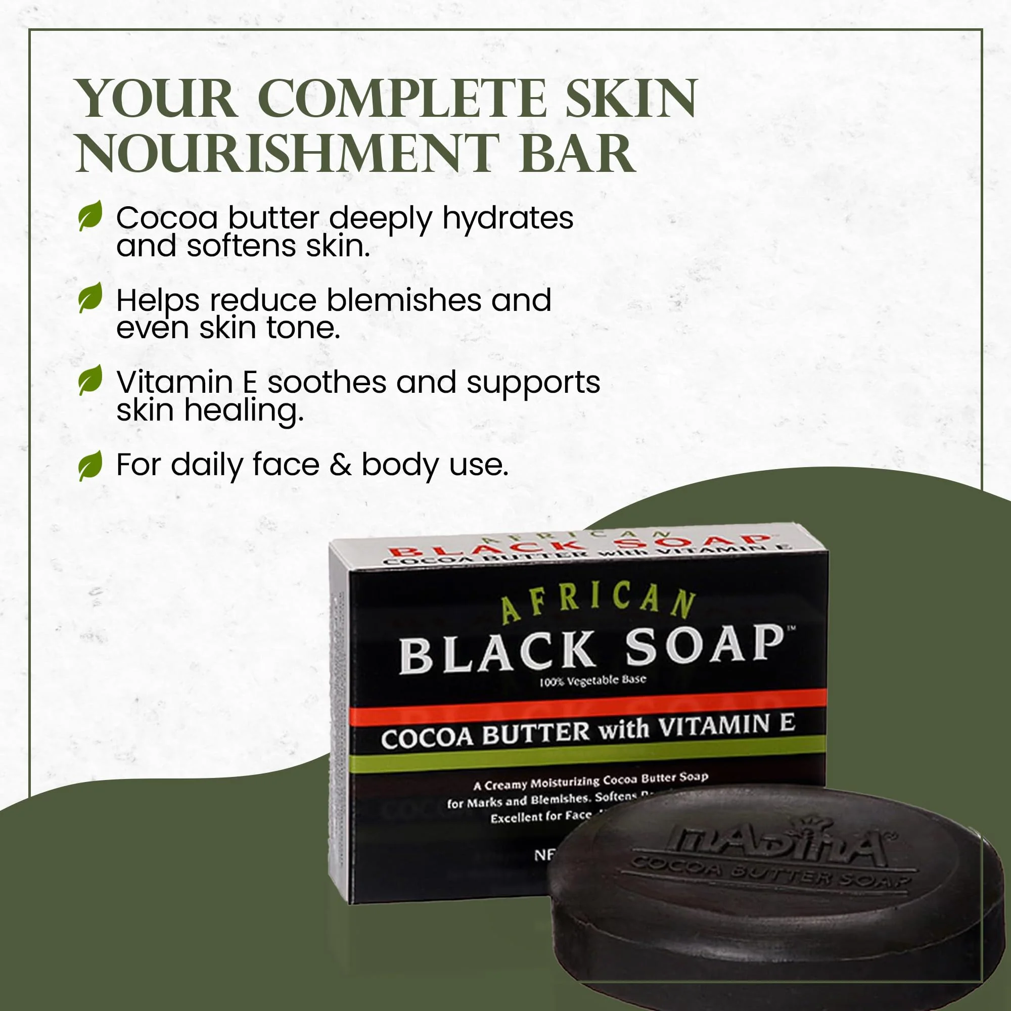 Madina African Black Soap Bar – Cocoa Butter, Vitamin E, Moisturizing, Skin-Restoring, Marks & Blemishes, Face & Body Cleanser, 100% Vegetable-Based, Halal, 6 Pack (3.5 oz Each) - Image 5