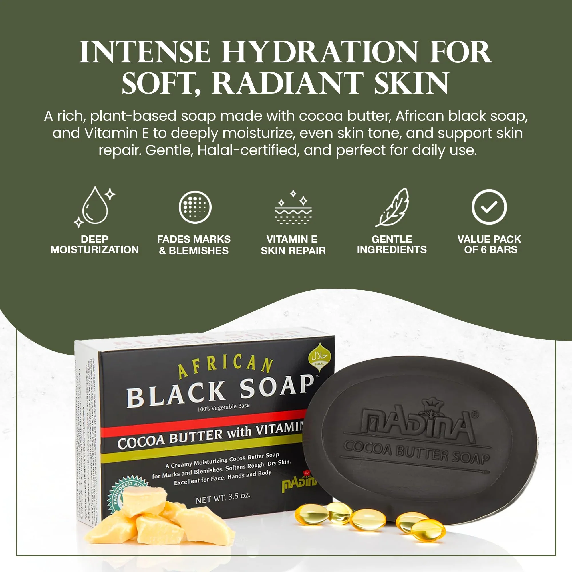 Madina African Black Soap Bar – Cocoa Butter, Vitamin E, Moisturizing, Skin-Restoring, Marks & Blemishes, Face & Body Cleanser, 100% Vegetable-Based, Halal, 6 Pack (3.5 oz Each) - Image 6