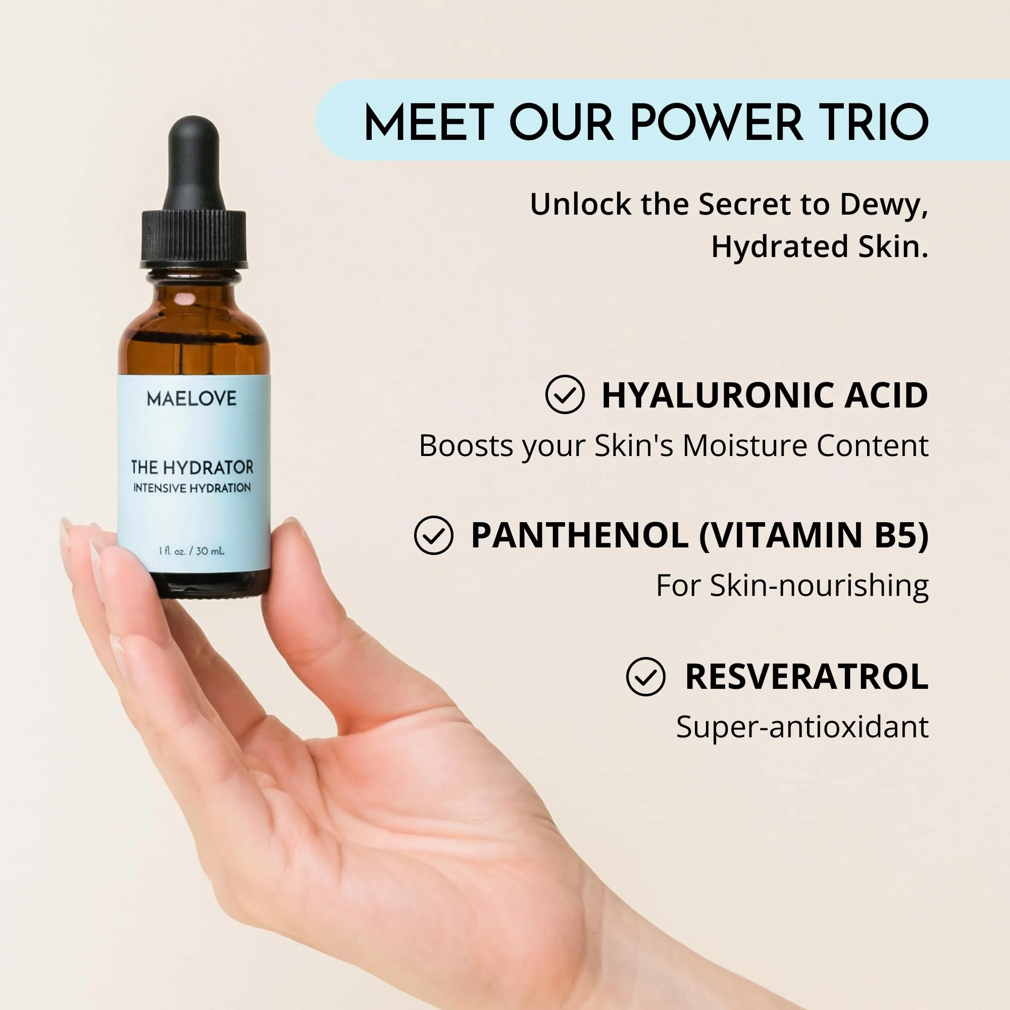 MAELOVE Hydrator Hyaluronic Acid B5 Serum with Resveratrol for Instantly Dewy Glow, Fills Fine Lines, Lightweight and Non Greasy, 1.0 fl oz - Image 4