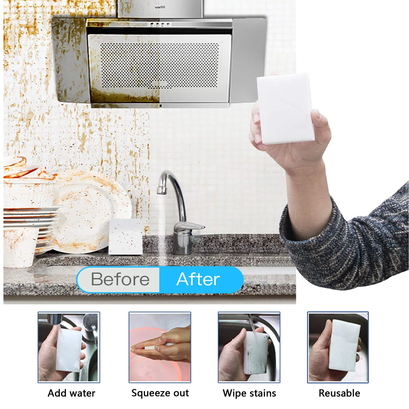 Magic Sponge Eraser, 100 Pack Melamine Foam Bulk Sponge Sheets - Bathroom, Oven, Shower, Glass, Dishes, Stove Top, Kitchen Sinks, Bathtub, Wall Tile, Baseboard Cleaner - White, Not Easily Rip - Image 6