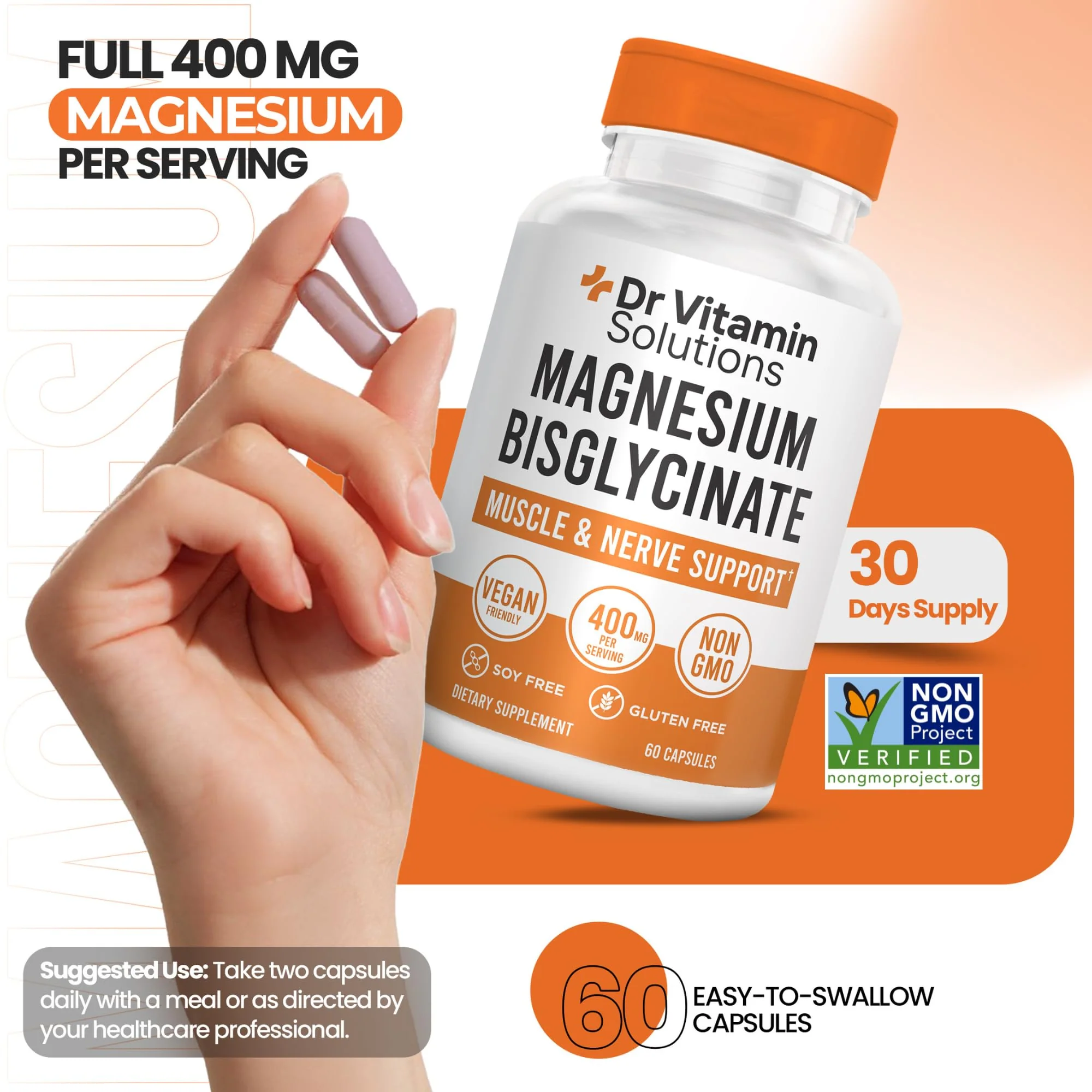 Magnesium Glycinate 400mg (Buffered Magnesium Bisglycinate Chelate) | Albion® Chelated Magnesium for Muscle & Nerve Support + Calm | High Absorption, Gentle on Stomach (1 Bottle, 60 Capsules) - Image 2