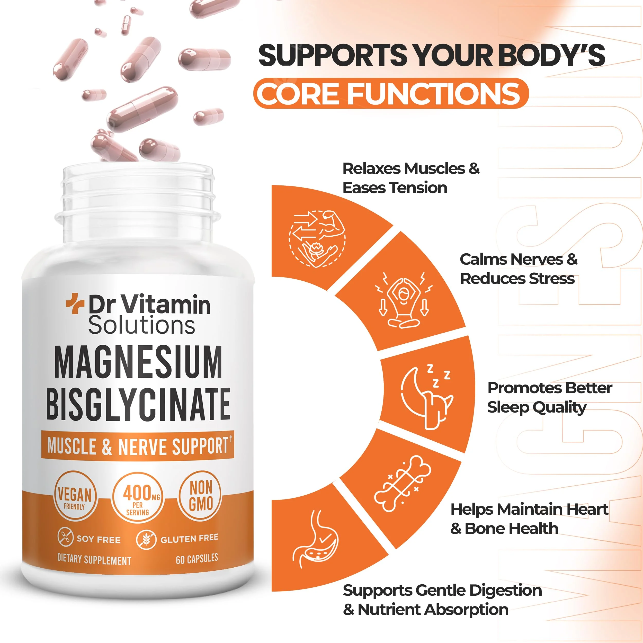 Magnesium Glycinate 400mg (Buffered Magnesium Bisglycinate Chelate) | Albion® Chelated Magnesium for Muscle & Nerve Support + Calm | High Absorption, Gentle on Stomach (1 Bottle, 60 Capsules) - Image 6