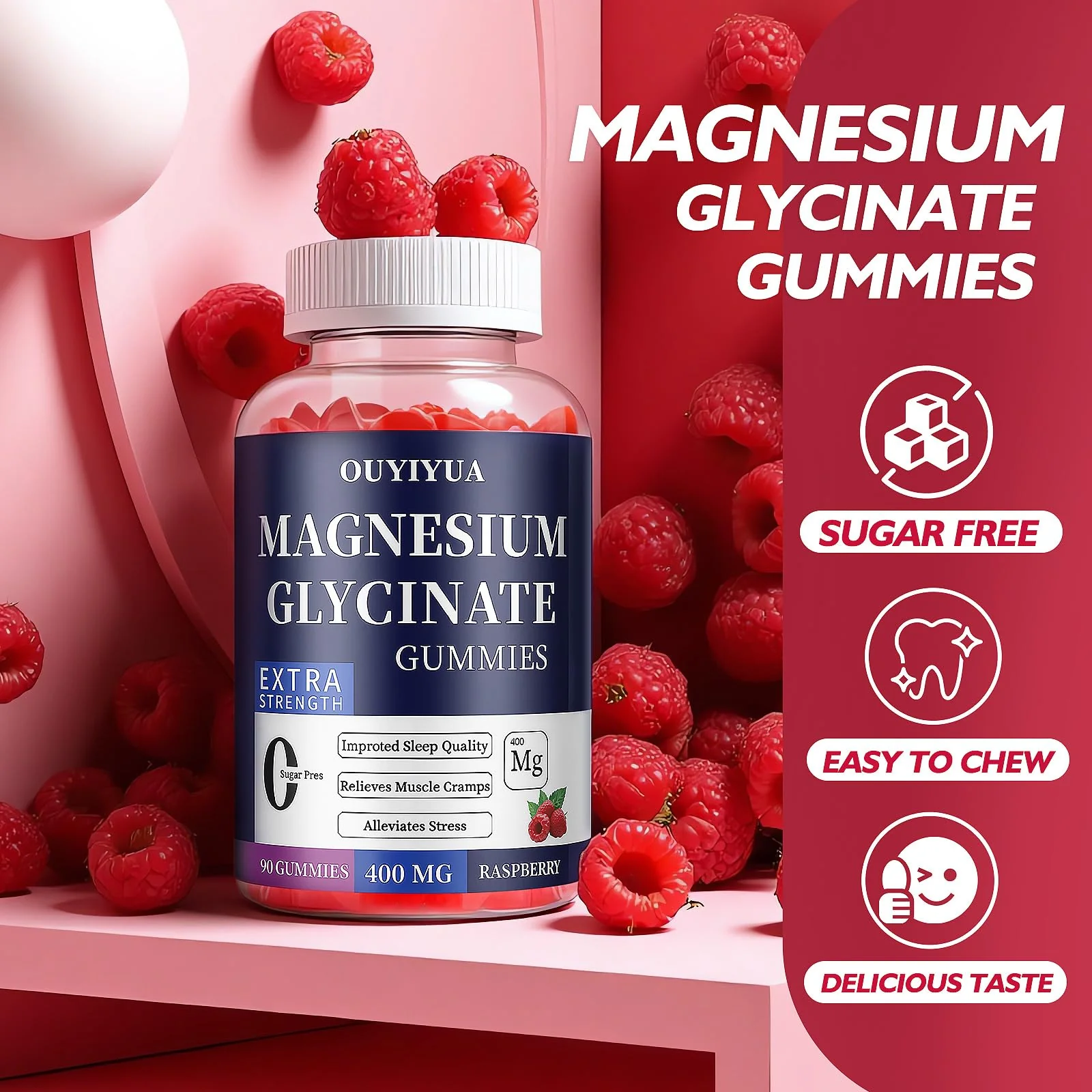 Magnesium Glycinate 400mg Gummies, Sugar Free Magnesium Gummies with Vitamins D, B6 for Sleep Support, Stress and Muscle Relief for Men and Women, 90 Count - Image 3