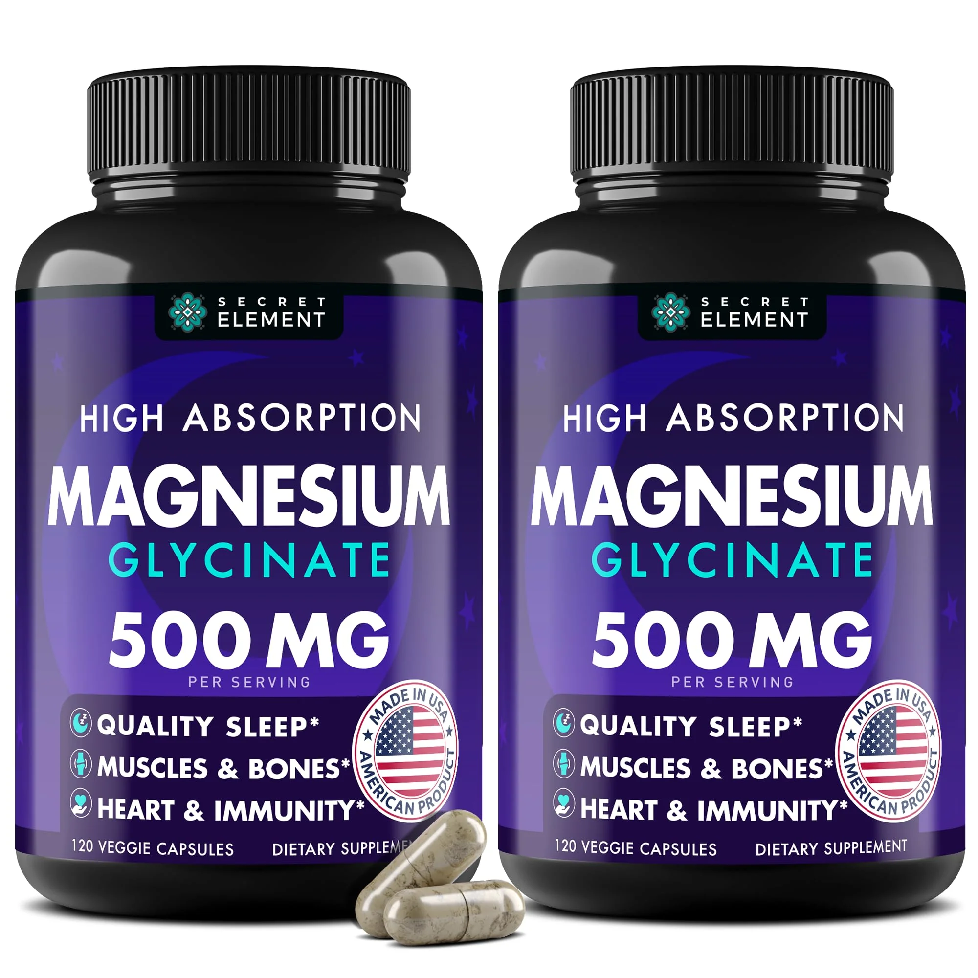 Magnesium Glycinate 500MG Capsules, Magnesium Supplement for Adults & Kids with Kava Kava, High Absorption, Vegan & Non-GMO, 120 Capsules, Pack of 2