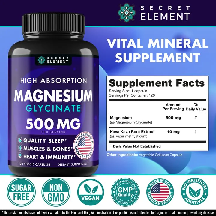 Magnesium Glycinate 500MG Capsules, Magnesium Supplement for Adults & Kids with Kava Kava, High Absorption, Vegan & Non-GMO, 120 Capsules, Pack of 2 - Image 3