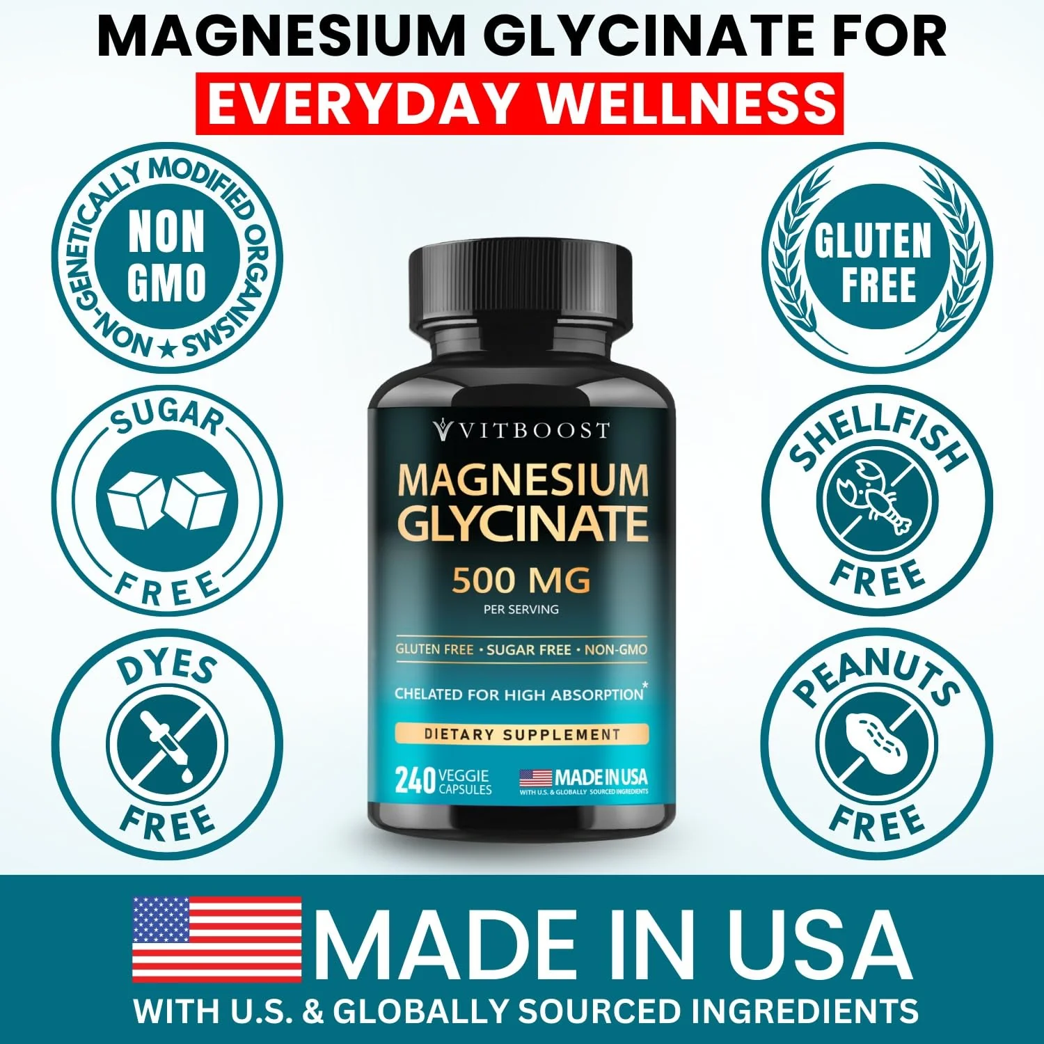 Magnesium Glycinate 500mg Chelate Capsules – 240 Count – 90mg Elemental Magnesium Per Serving – High Absorption Supplement – Non-GMO, Gluten Free – Made in USA - Image 4