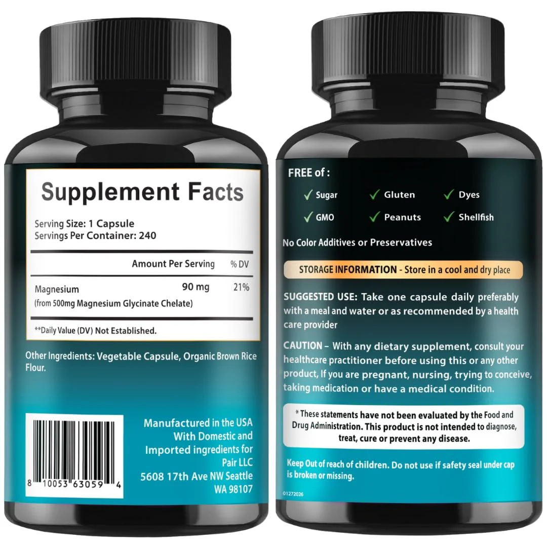 Magnesium Glycinate 500mg Chelate Capsules – 240 Count – 90mg Elemental Magnesium Per Serving – High Absorption Supplement – Non-GMO, Gluten Free – Made in USA - Image 7
