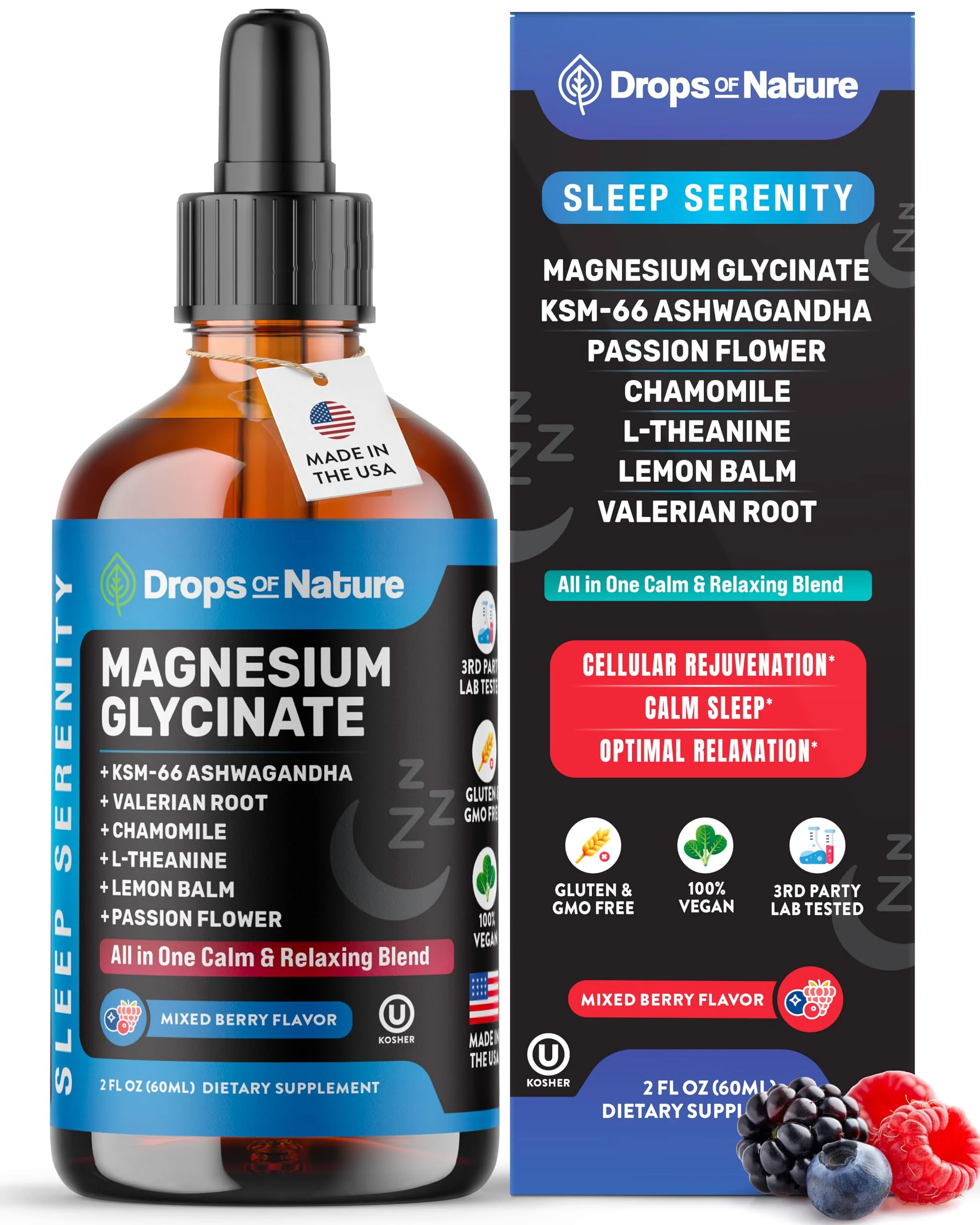 Magnesium Glycinate & Ashwagandha Liquid Drops with Valerian Root, Chamomile, Passion Flower, Lemon Balm & L-Theanine - Vegan Fast Absorption - Supplement for Wellness & Relaxation (Mixed Berry, 60mL)