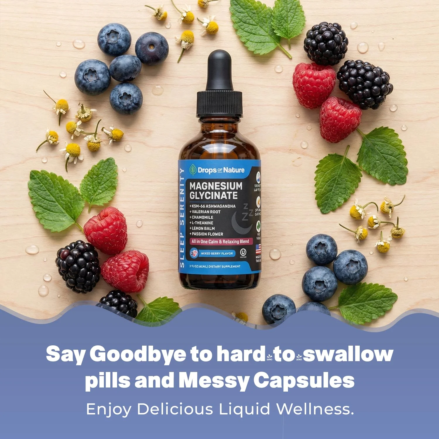 Magnesium Glycinate & Ashwagandha Liquid Drops with Valerian Root, Chamomile, Passion Flower, Lemon Balm & L-Theanine - Vegan Fast Absorption - Supplement for Wellness & Relaxation (Mixed Berry, 60mL) - Image 4