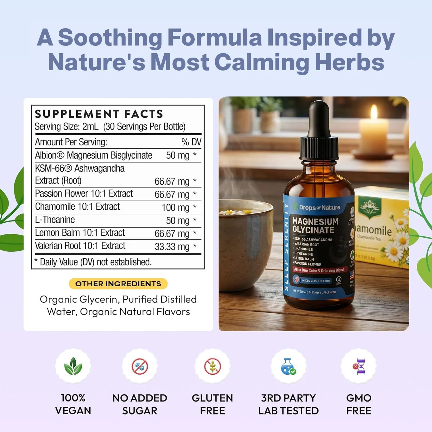 Magnesium Glycinate & Ashwagandha Liquid Drops with Valerian Root, Chamomile, Passion Flower, Lemon Balm & L-Theanine - Vegan Fast Absorption - Supplement for Wellness & Relaxation (Mixed Berry, 60mL) - Image 7