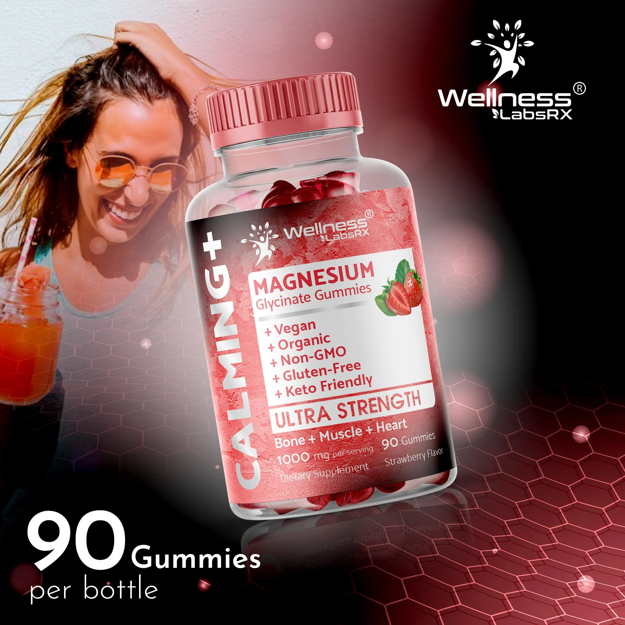 Magnesium Glycinate Gummies, 1000 mg - Magnesium Supplement to Support Relaxation, Heart Health - Chewable Calm Magnesio Gummies for Adults, Glicinato De Magnesio - Strawberry Flavor - Pack of 2 - Image 2