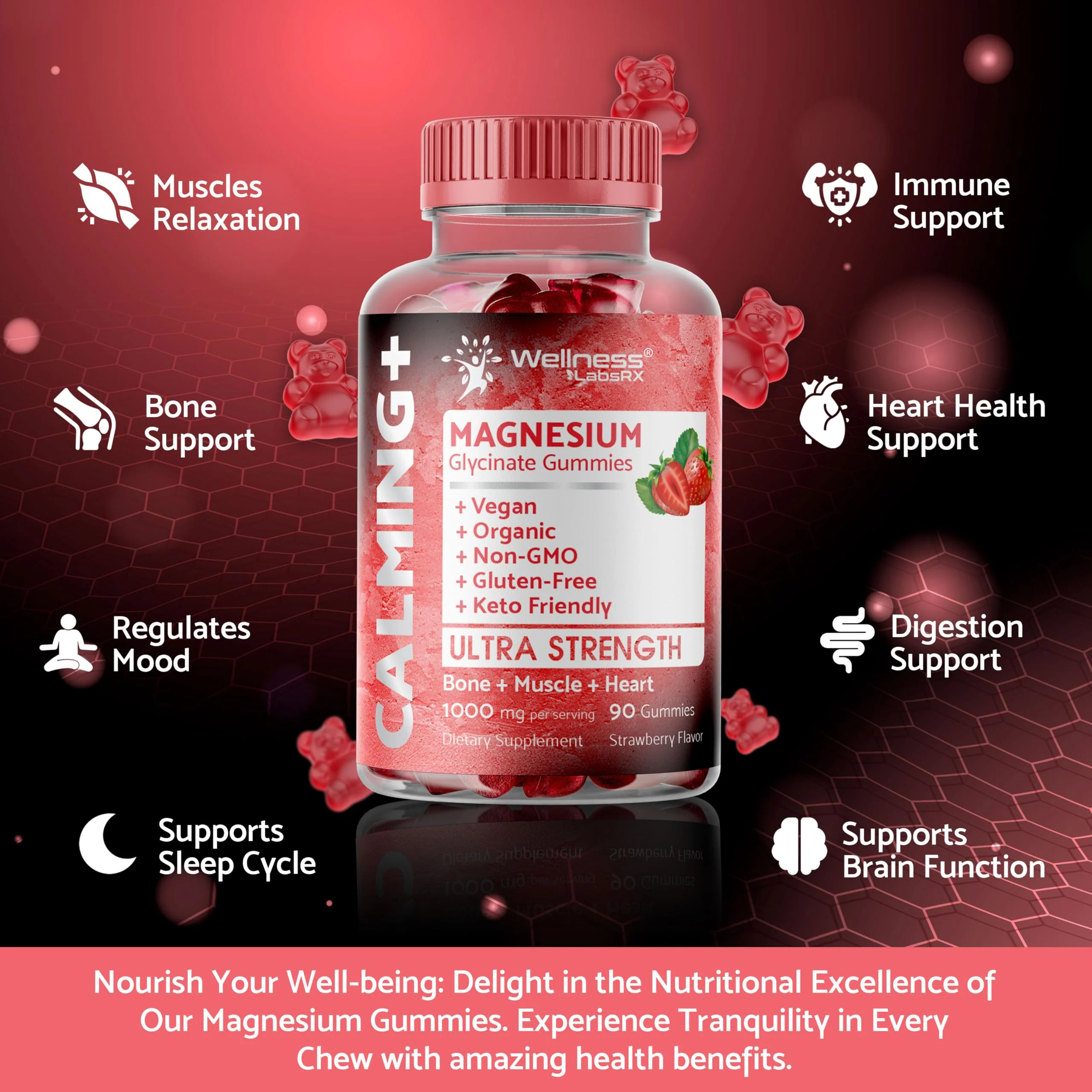 Magnesium Glycinate Gummies, 1000 mg - Magnesium Supplement to Support Relaxation, Heart Health - Chewable Calm Magnesio Gummies for Adults, Glicinato De Magnesio - Strawberry Flavor - Pack of 2 - Image 6
