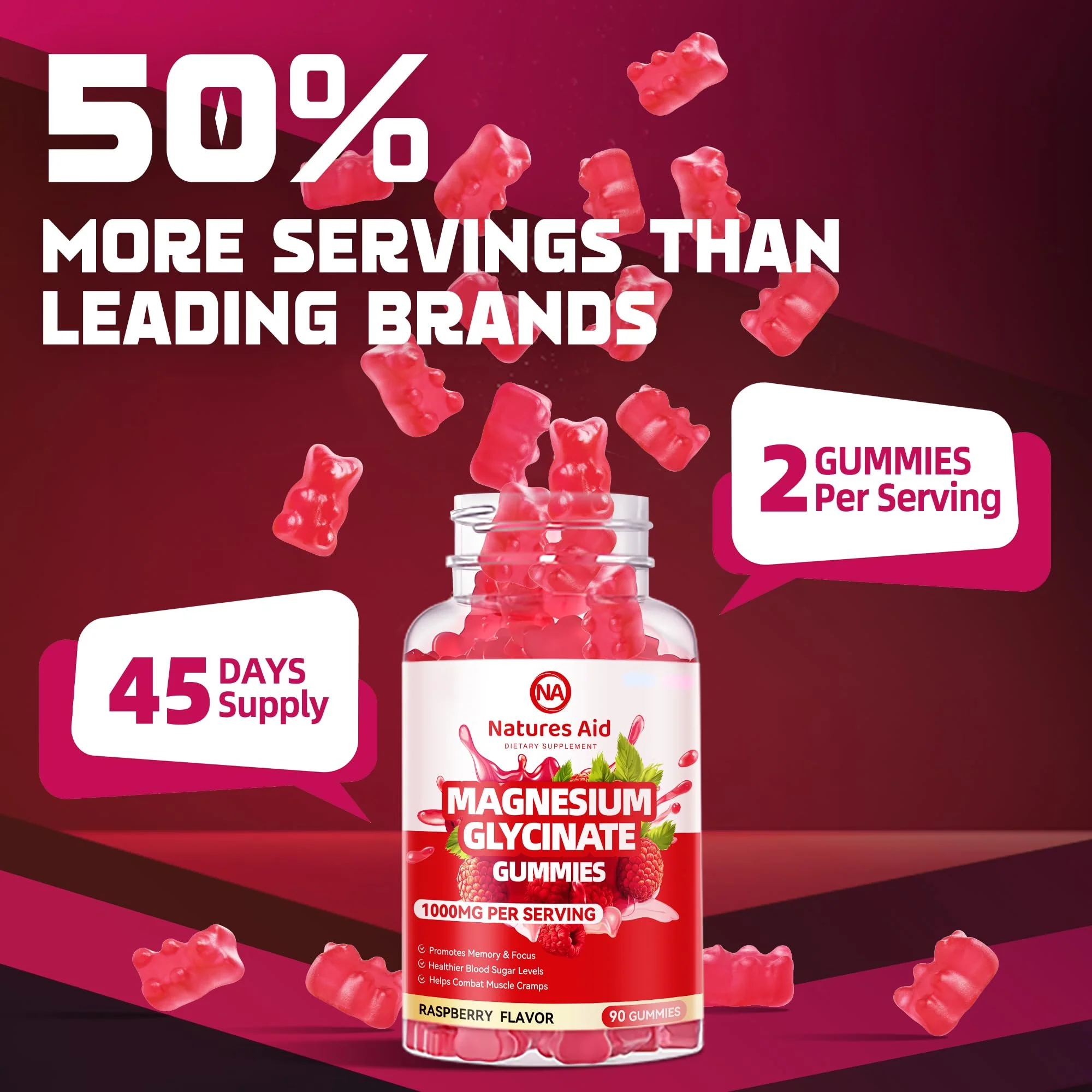Magnesium Glycinate Gummies 1000mg - Sugar Free Magnesium Potassium Supplement with Vitamin D, B6, CoQ10 for Calm Mood & Sleep Support - 180 Raspberry Gummies. - Image 3