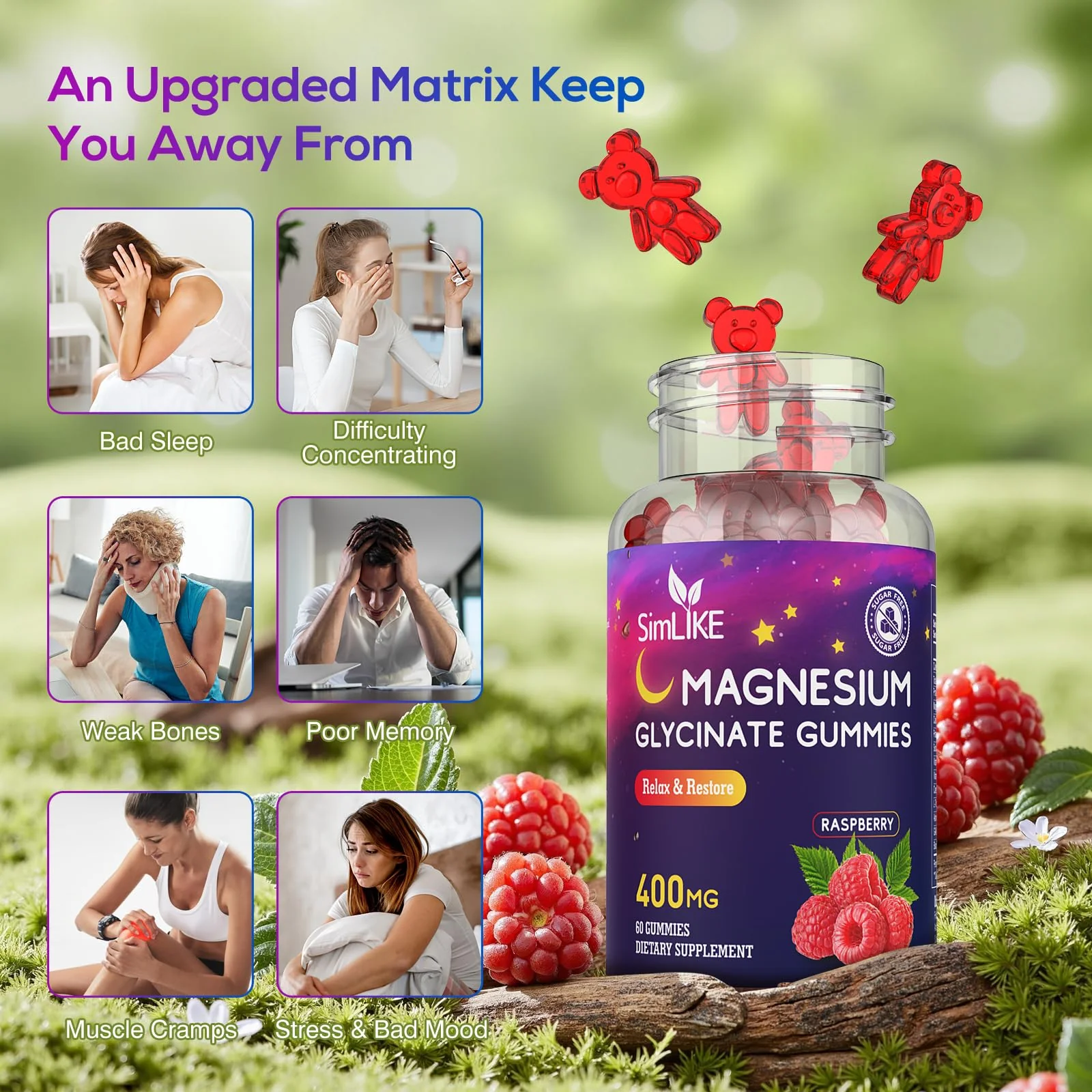 Magnesium Glycinate Gummies 400mg, High Absorption Magnesium Gummies with L-Theanine, Ashwagandha & GABA for Relaxation, Stress Relief & Sleep, Sugar Free, Vegan, 60 Raspberry - Image 4
