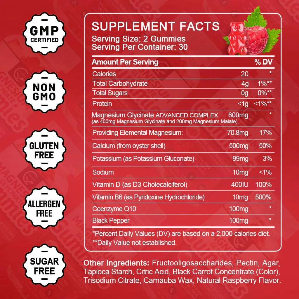 Magnesium Glycinate Gummies 400mg, Mg Potassium Supplement with Chelated Magnesium Malate Complex, Vitamin D, B6, and CoQ10, Supports for Memory, Calm, Mood & Sleep - 60 Count (Pack of 2) - Image 8