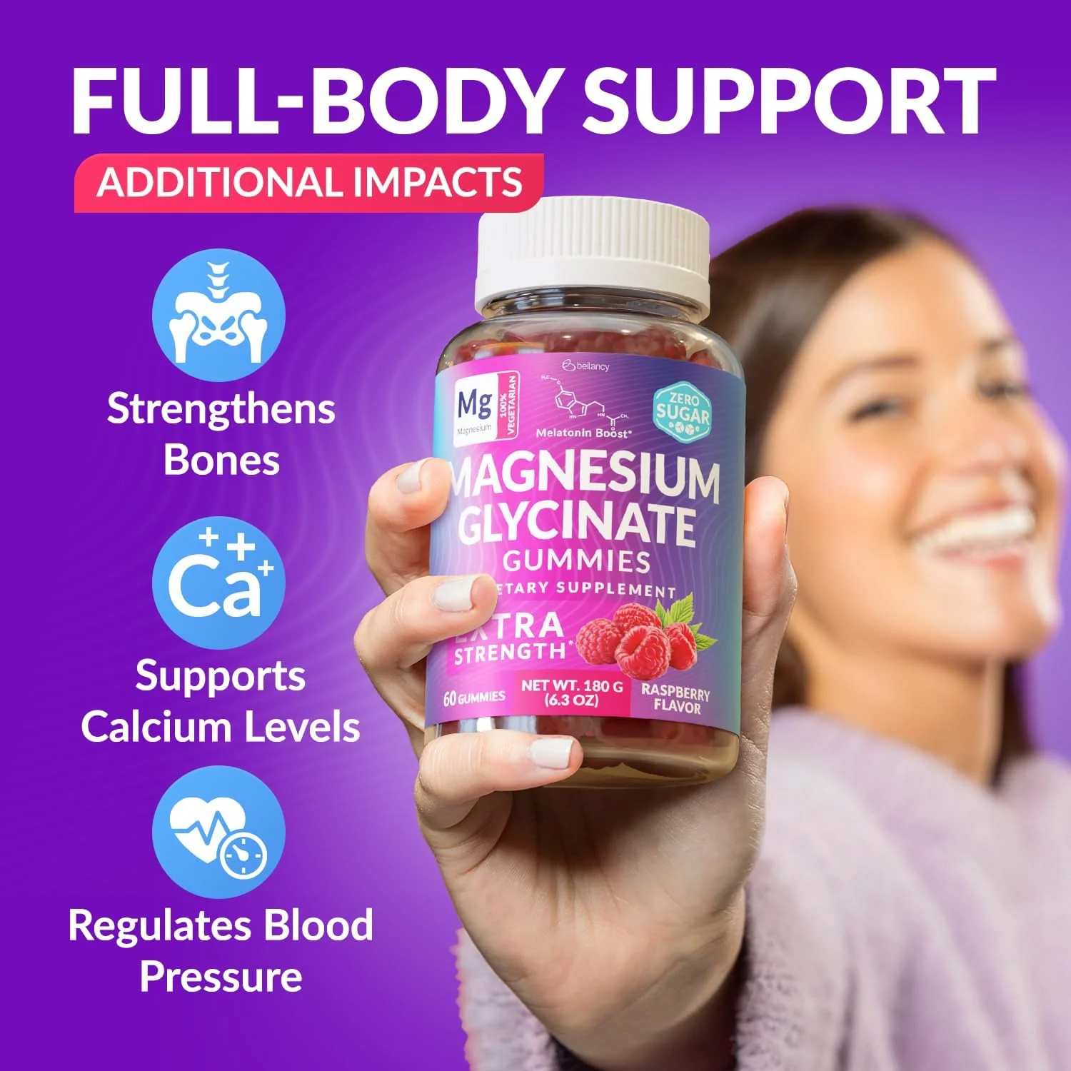 Magnesium Glycinate Gummies 400mg, Muscle Support and Relaxation, Magnesium Supplement for Women, Men and Kids, High Absorption, Sugar Free, Vegan, 60 Days Supply, Raspberry Flavor - Image 3