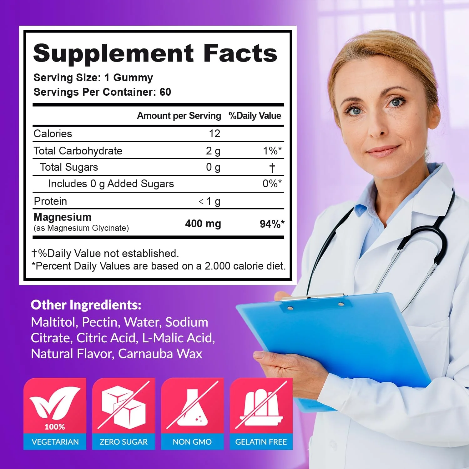 Magnesium Glycinate Gummies 400mg, Muscle Support and Relaxation, Magnesium Supplement for Women, Men and Kids, High Absorption, Sugar Free, Vegan, 60 Days Supply, Raspberry Flavor - Image 4
