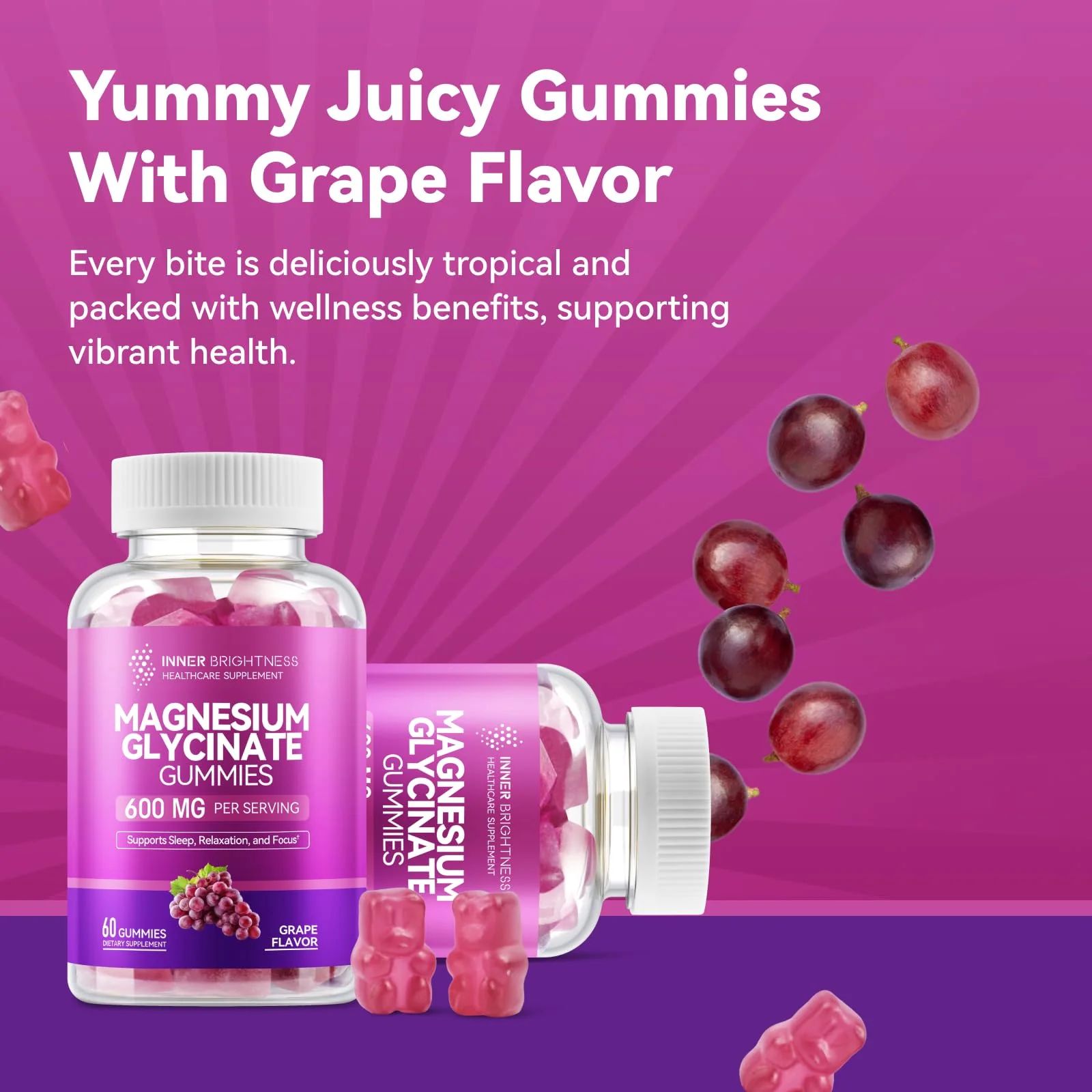 Magnesium Glycinate Gummies 600mg, Non-GMO, Gluten-Free, Magnesium Gummies for Adults & Kids, Sleep, Relaxation & Focus, Grape Flavor, 60 Count - Image 6