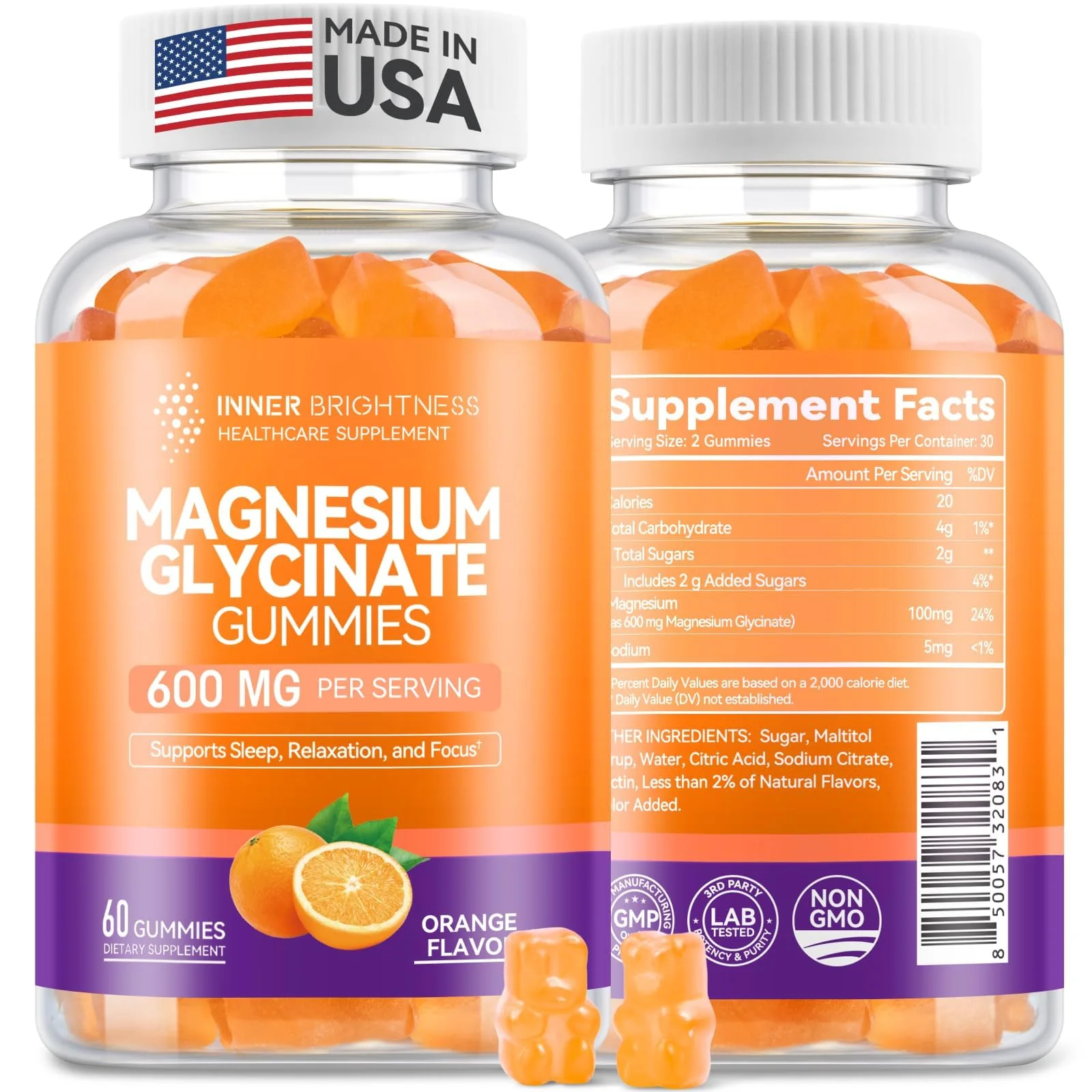 Magnesium Glycinate Gummies 600mg, Non-GMO, Gluten-Free, Magnesium Gummies for Adults & Kids, Sleep, Relaxation & Focus, Orange Flavor, 60 Count
