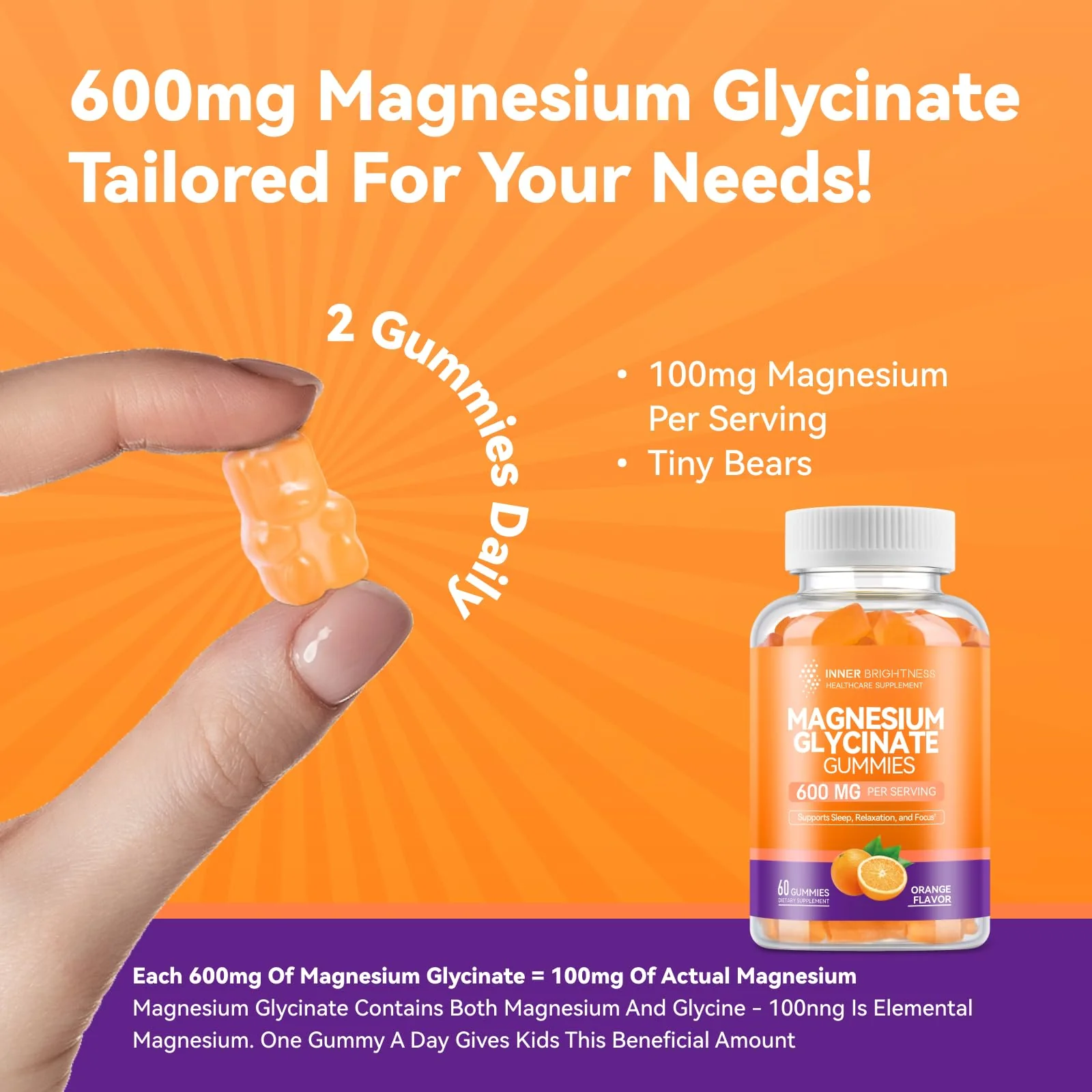 Magnesium Glycinate Gummies 600mg, Non-GMO, Gluten-Free, Magnesium Gummies for Adults & Kids, Sleep, Relaxation & Focus, Orange Flavor, 60 Count - Image 4