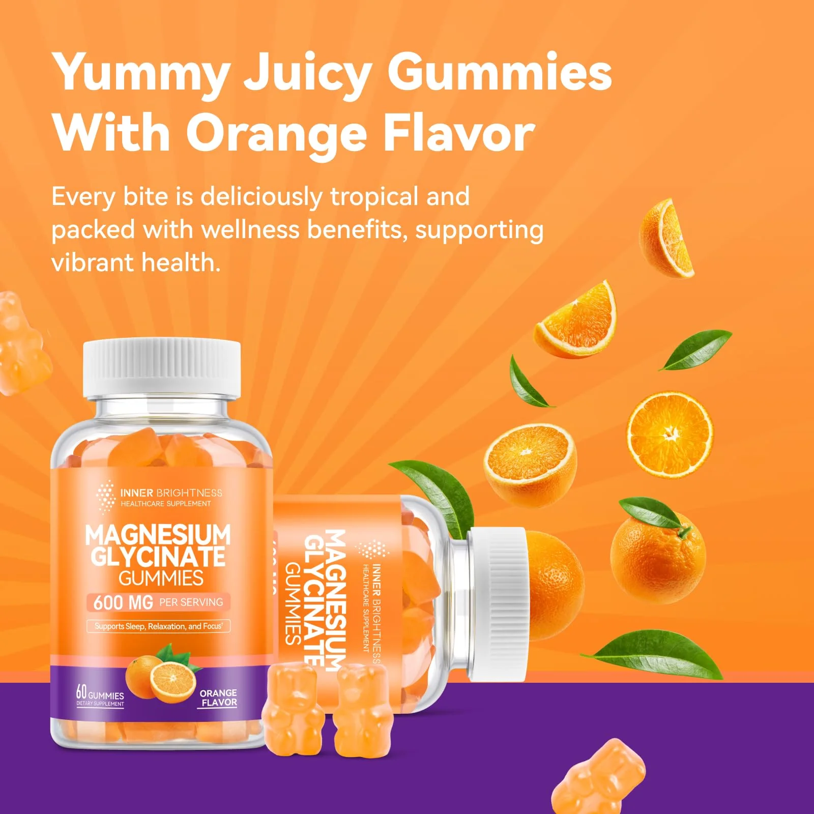 Magnesium Glycinate Gummies 600mg, Non-GMO, Gluten-Free, Magnesium Gummies for Adults & Kids, Sleep, Relaxation & Focus, Orange Flavor, 60 Count - Image 6