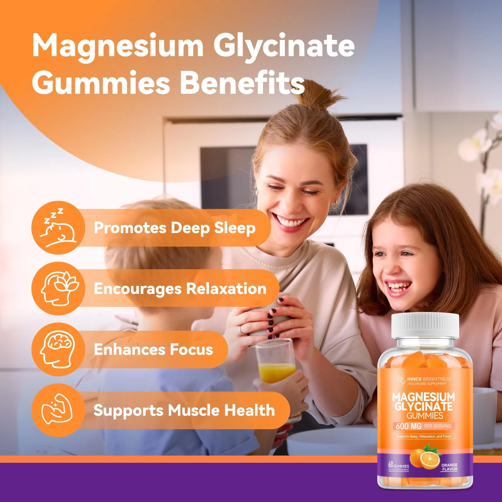 Magnesium Glycinate Gummies 600mg, Non-GMO, Gluten-Free, Magnesium Gummies for Adults & Kids, Sleep, Relaxation & Focus, Orange Flavor, 60 Count - Image 7