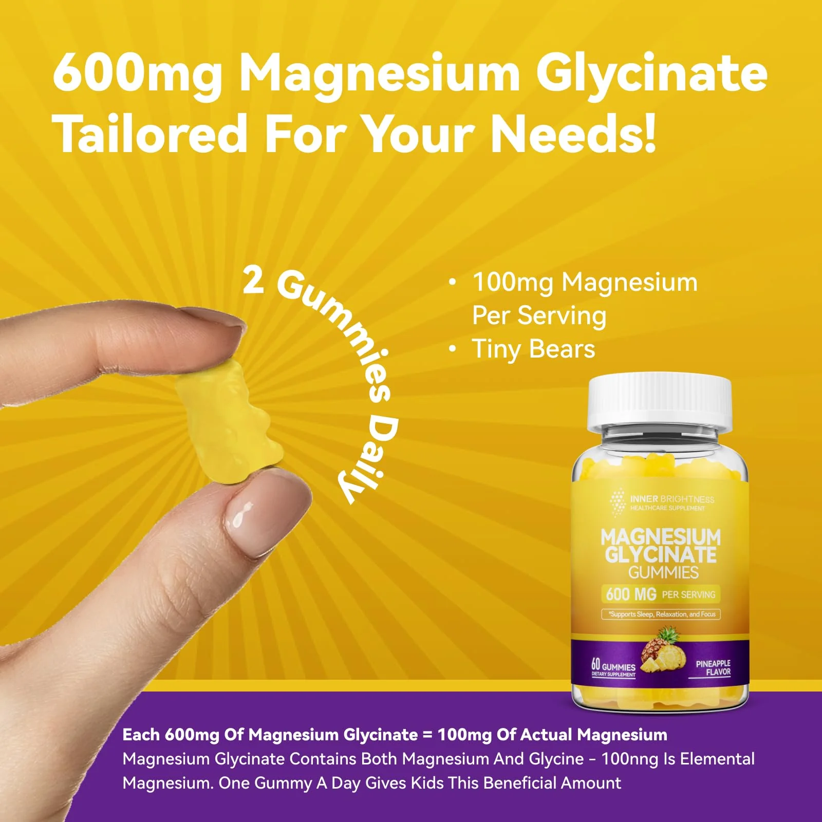 Magnesium Glycinate Gummies 600mg, Non-GMO, Gluten-Free, Magnesium Gummies for Adults & Kids, Sleep, Relaxation & Focus, Pineapple Flavor, 60 Count - Image 4