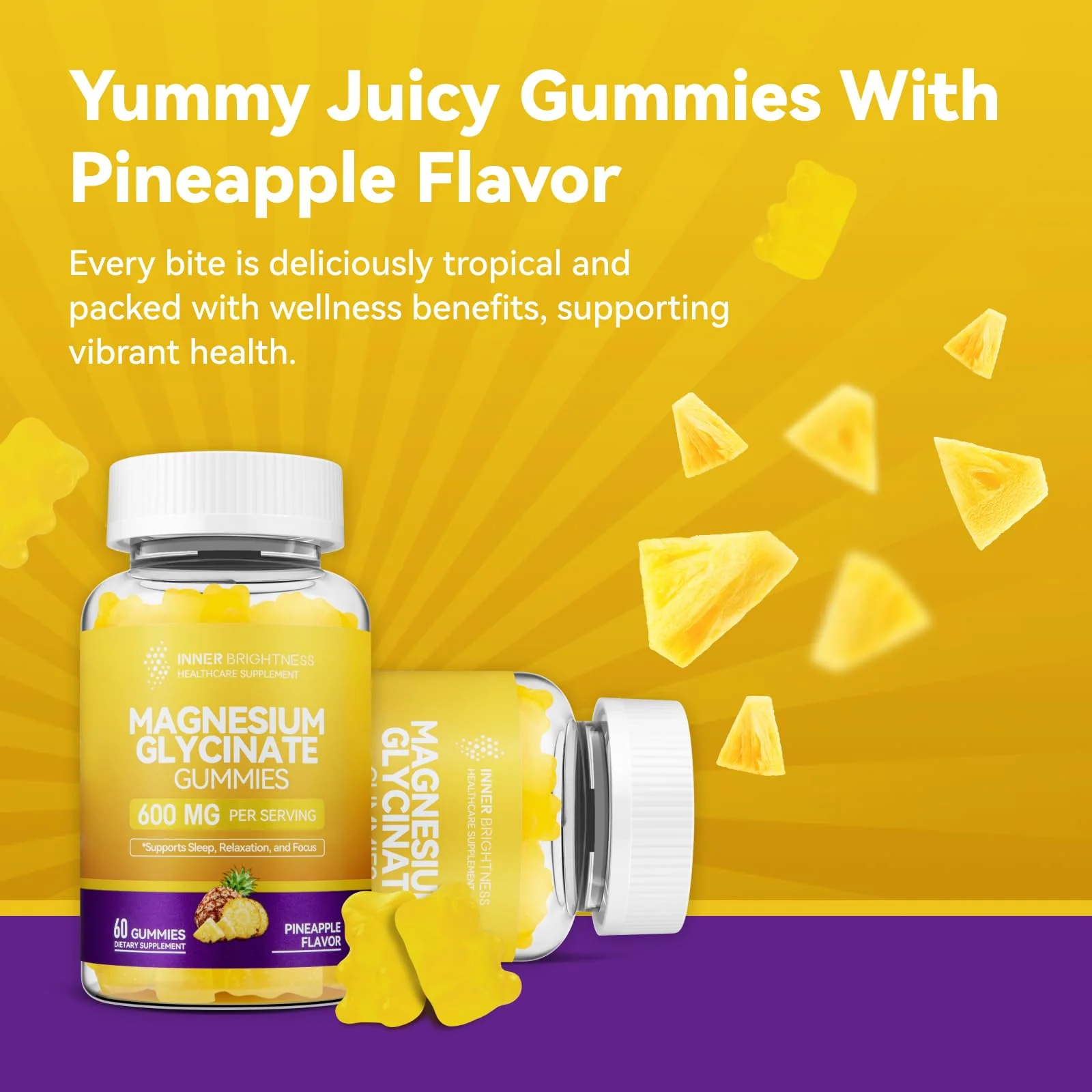 Magnesium Glycinate Gummies 600mg, Non-GMO, Gluten-Free, Magnesium Gummies for Adults & Kids, Sleep, Relaxation & Focus, Pineapple Flavor, 60 Count - Image 6
