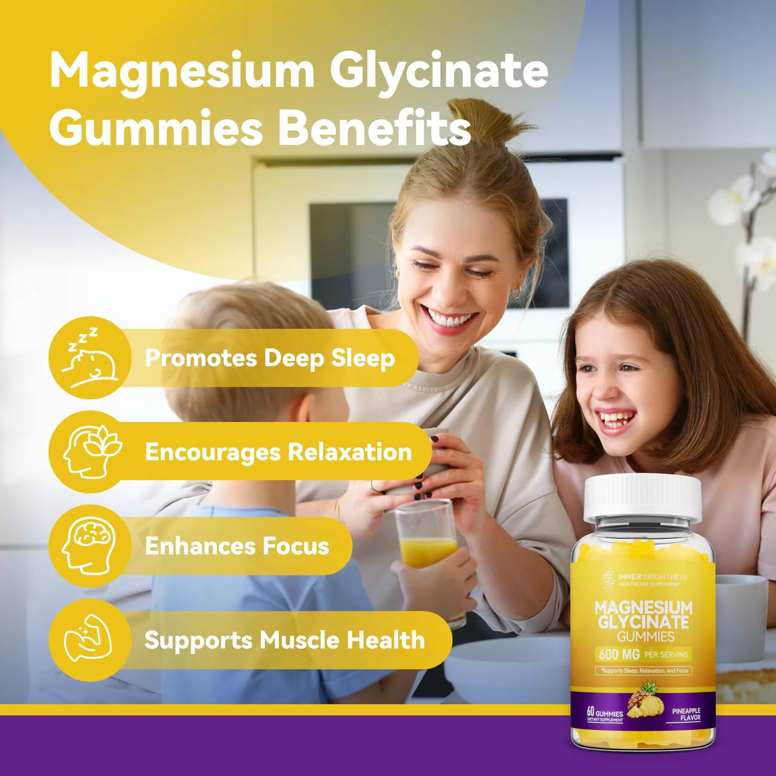 Magnesium Glycinate Gummies 600mg, Non-GMO, Gluten-Free, Magnesium Gummies for Adults & Kids, Sleep, Relaxation & Focus, Pineapple Flavor, 60 Count - Image 7