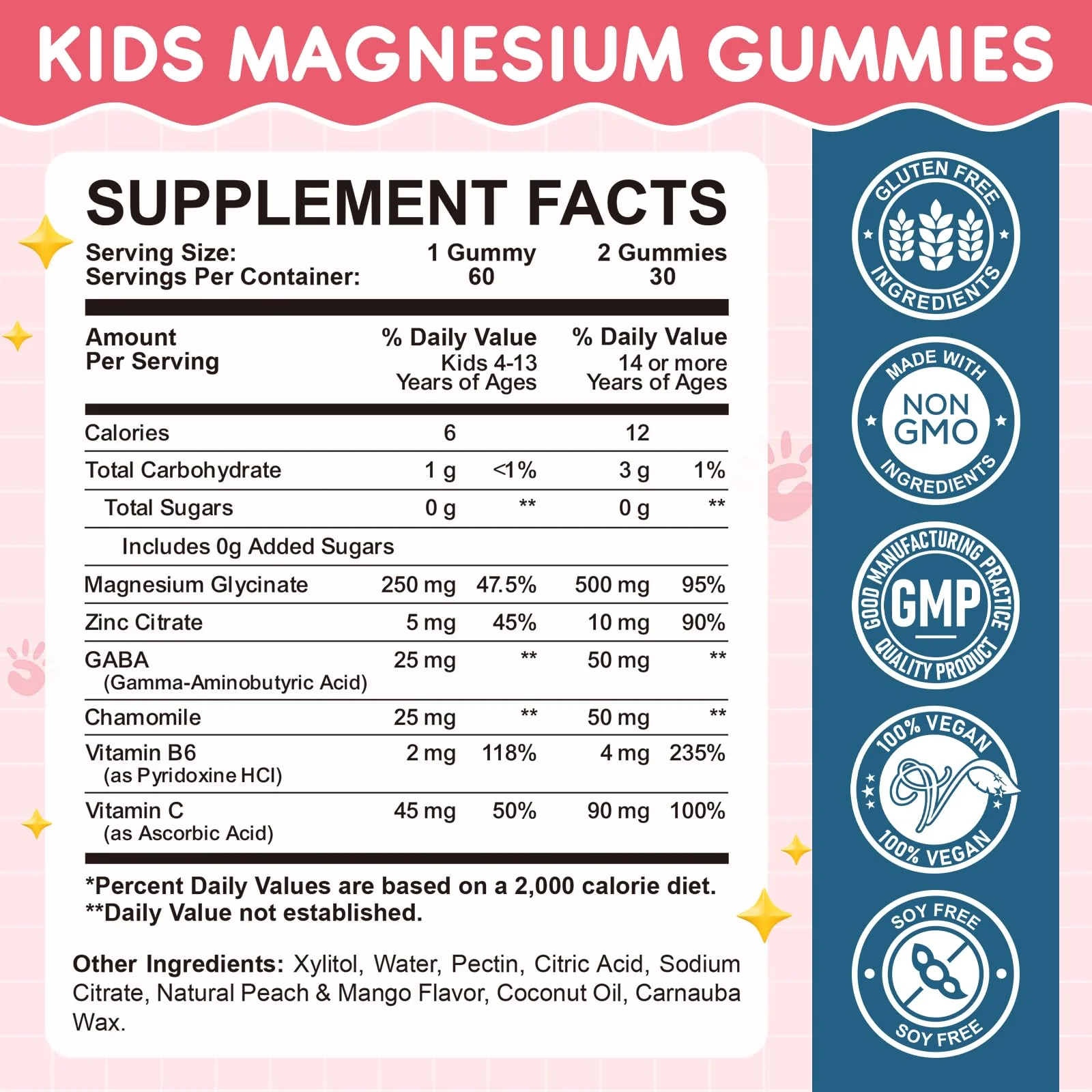 Magnesium Glycinate Gummies for Kids: Calm Magnesium Supplement for Kids & Adults with Zinc Citrate, GABA, Chamomile, Vitamin B6 & C - Sleep, Relaxation & Focus, Juicy Peach & Mango Flavor 60 Count - Image 2