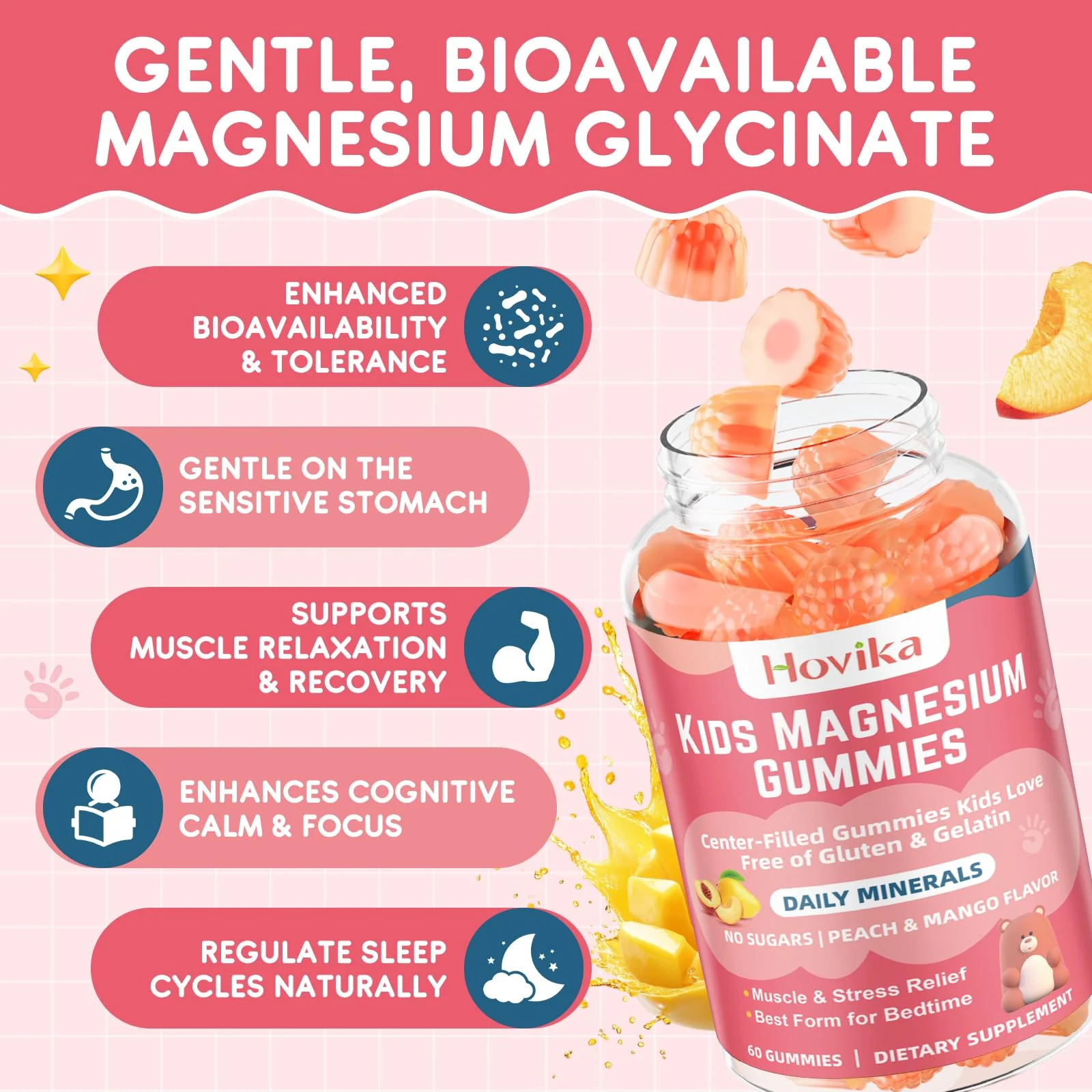Magnesium Glycinate Gummies for Kids: Calm Magnesium Supplement for Kids & Adults with Zinc Citrate, GABA, Chamomile, Vitamin B6 & C - Sleep, Relaxation & Focus, Juicy Peach & Mango Flavor 60 Count - Image 7
