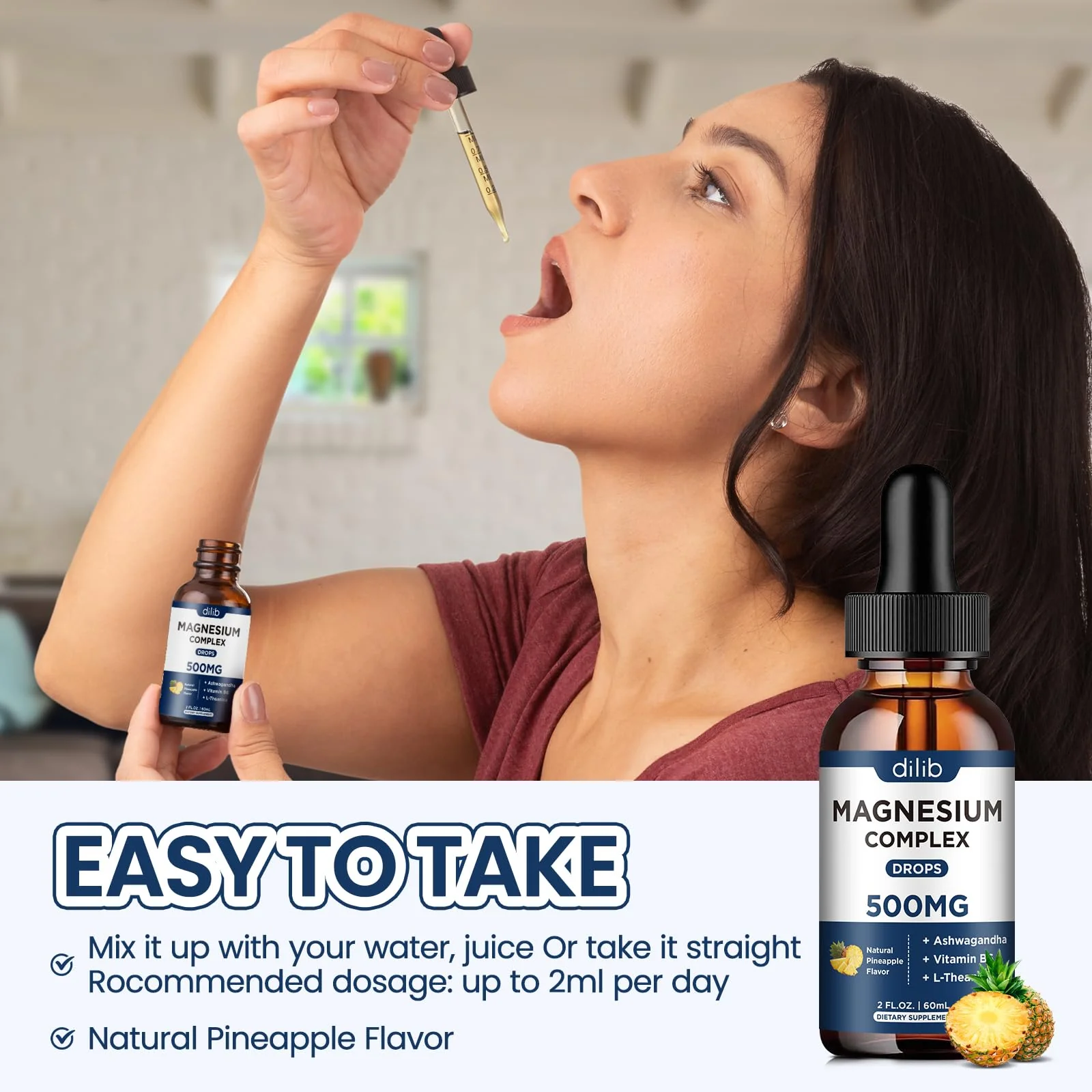 Magnesium Glycinate Liquid Drops 500mg - Triple Magnesium Complex Supplement with Citrate, Malate, Ashwagandha, L-Theanine, Vitamin B6 for Sleep, Stress Relief, Muscle, Pineapple Flavor 4 Fl Oz - Image 4