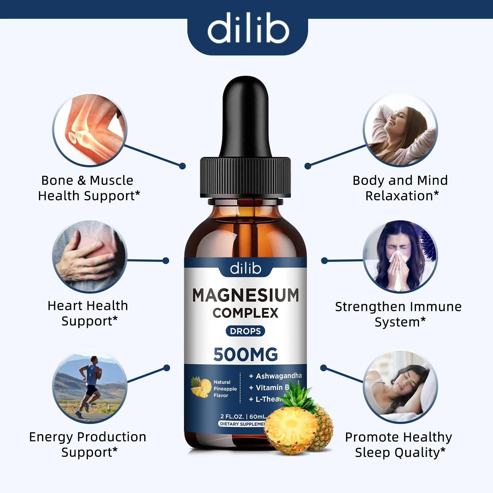 Magnesium Glycinate Liquid Drops 500mg - Triple Magnesium Complex Supplement with Citrate, Malate, Ashwagandha, L-Theanine, Vitamin B6 for Sleep, Stress Relief, Muscle, Pineapple Flavor 4 Fl Oz - Image 6