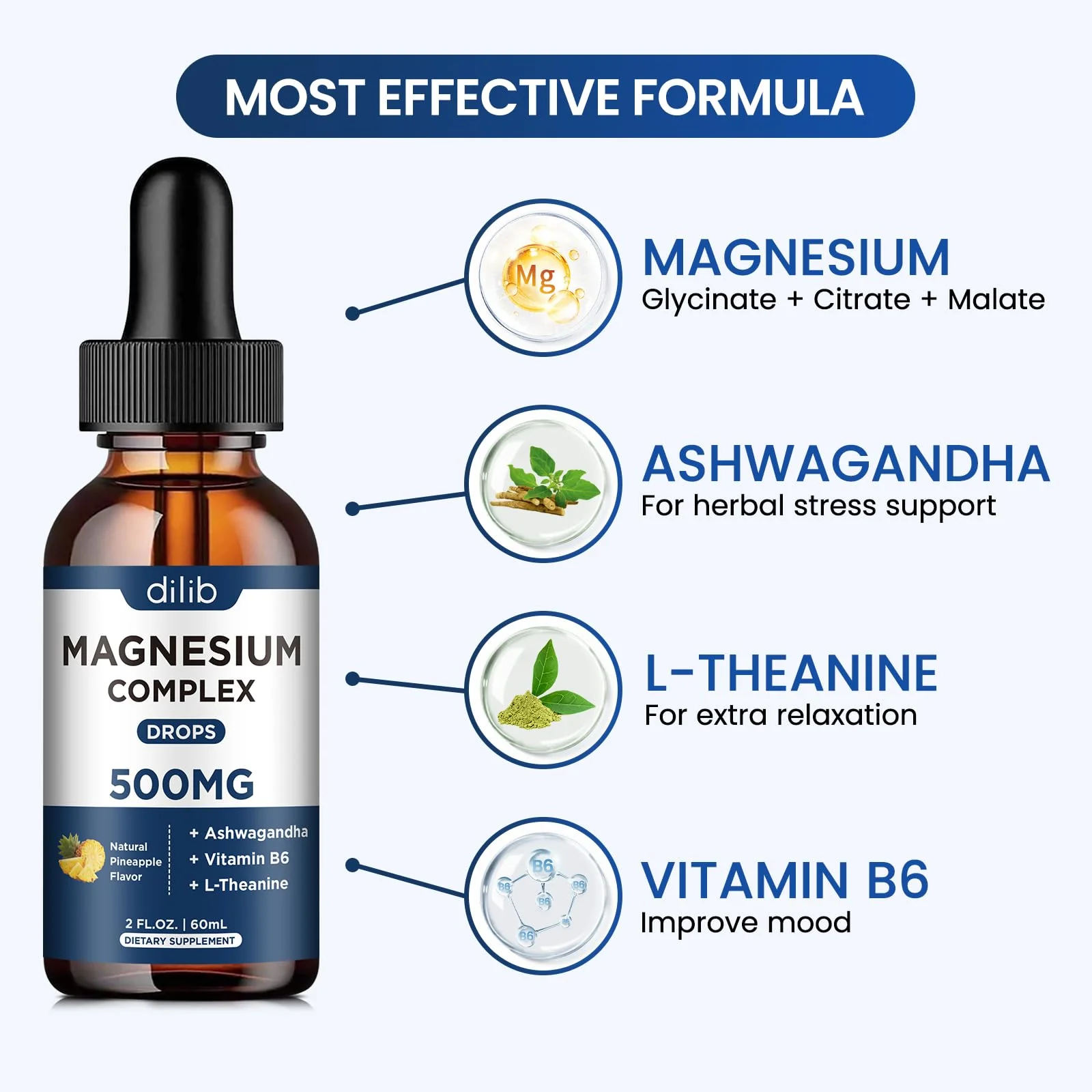 Magnesium Glycinate Liquid Drops 500mg - Triple Magnesium Complex Supplement with Citrate, Malate, Ashwagandha, L-Theanine, Vitamin B6 for Sleep, Stress Relief, Muscle, Pineapple Flavor 4 Fl Oz - Image 7