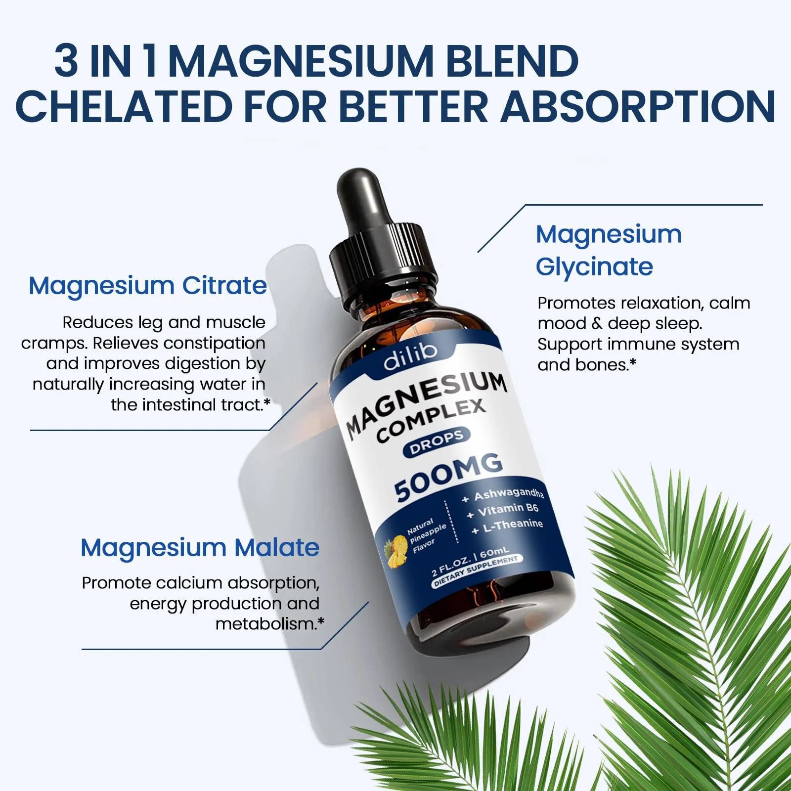 Magnesium Glycinate Liquid Drops 500mg - Triple Magnesium Complex Supplement with Citrate, Malate, Ashwagandha, L-Theanine, Vitamin B6 for Sleep, Stress Relief, Muscle, Pineapple Flavor 4 Fl Oz - Image 8