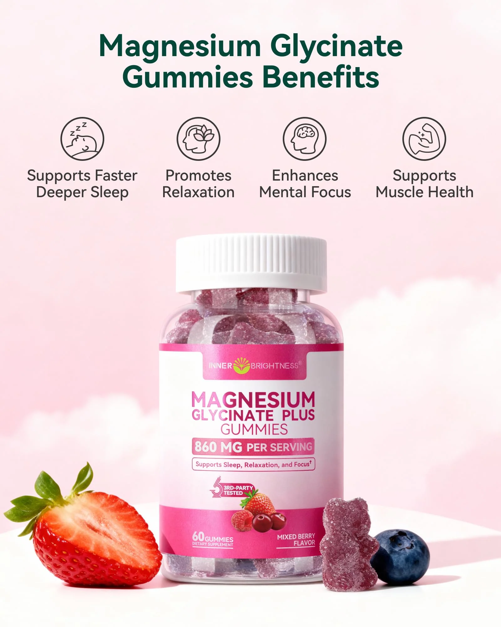 Magnesium Glycinate Plus Gummies 860mg, Sugar-Free, Non-GMO, Gluten-Free, Magnesium Gummies for Adults & Kids, Sleep, Relaxation & Focus, Magnesium Supplement for Women, Mixed Berry Flavor, 120 Count - Image 4