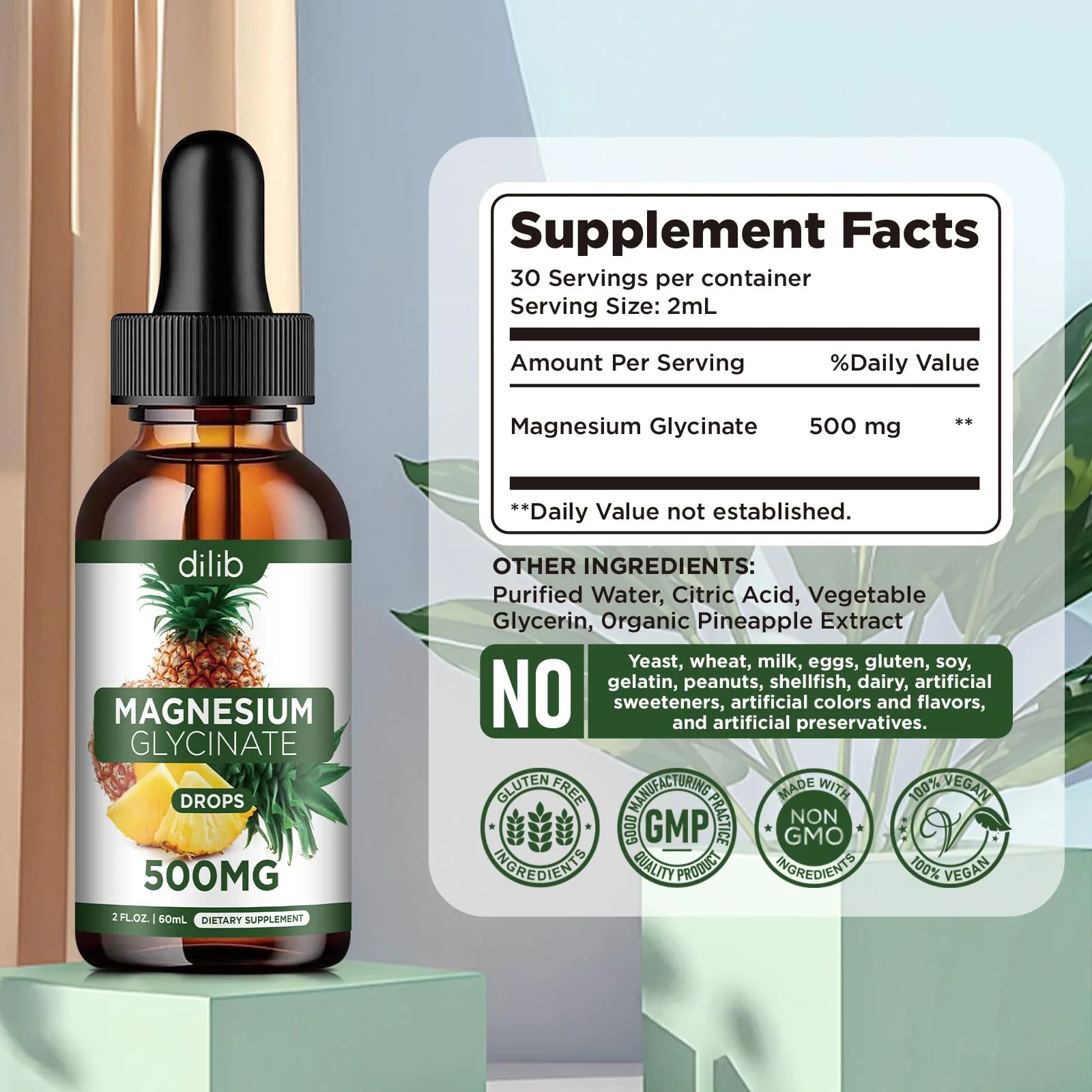 Magnesium Glycinate Supplement, Liquid Magnesium Glycinate Liquid Drops 500mg-Support Stress Relief, Relaxation, Mood, Sleep, Bone & Muscle-2 Fl Oz, Vegan, Pineapple Flavor - Image 2