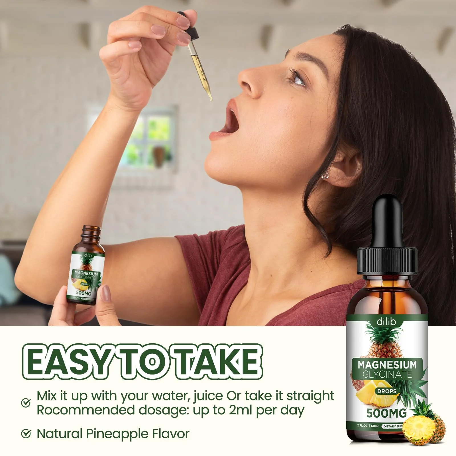 Magnesium Glycinate Supplement, Liquid Magnesium Glycinate Liquid Drops 500mg-Support Stress Relief, Relaxation, Mood, Sleep, Bone & Muscle-2 Fl Oz, Vegan, Pineapple Flavor - Image 3