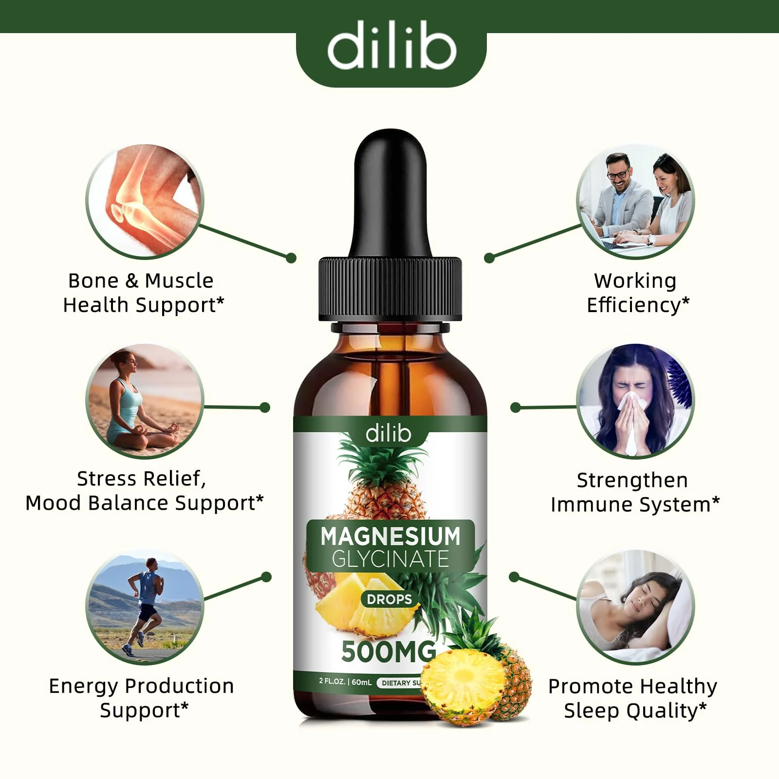 Magnesium Glycinate Supplement, Liquid Magnesium Glycinate Liquid Drops 500mg-Support Stress Relief, Relaxation, Mood, Sleep, Bone & Muscle-2 Fl Oz, Vegan, Pineapple Flavor - Image 6
