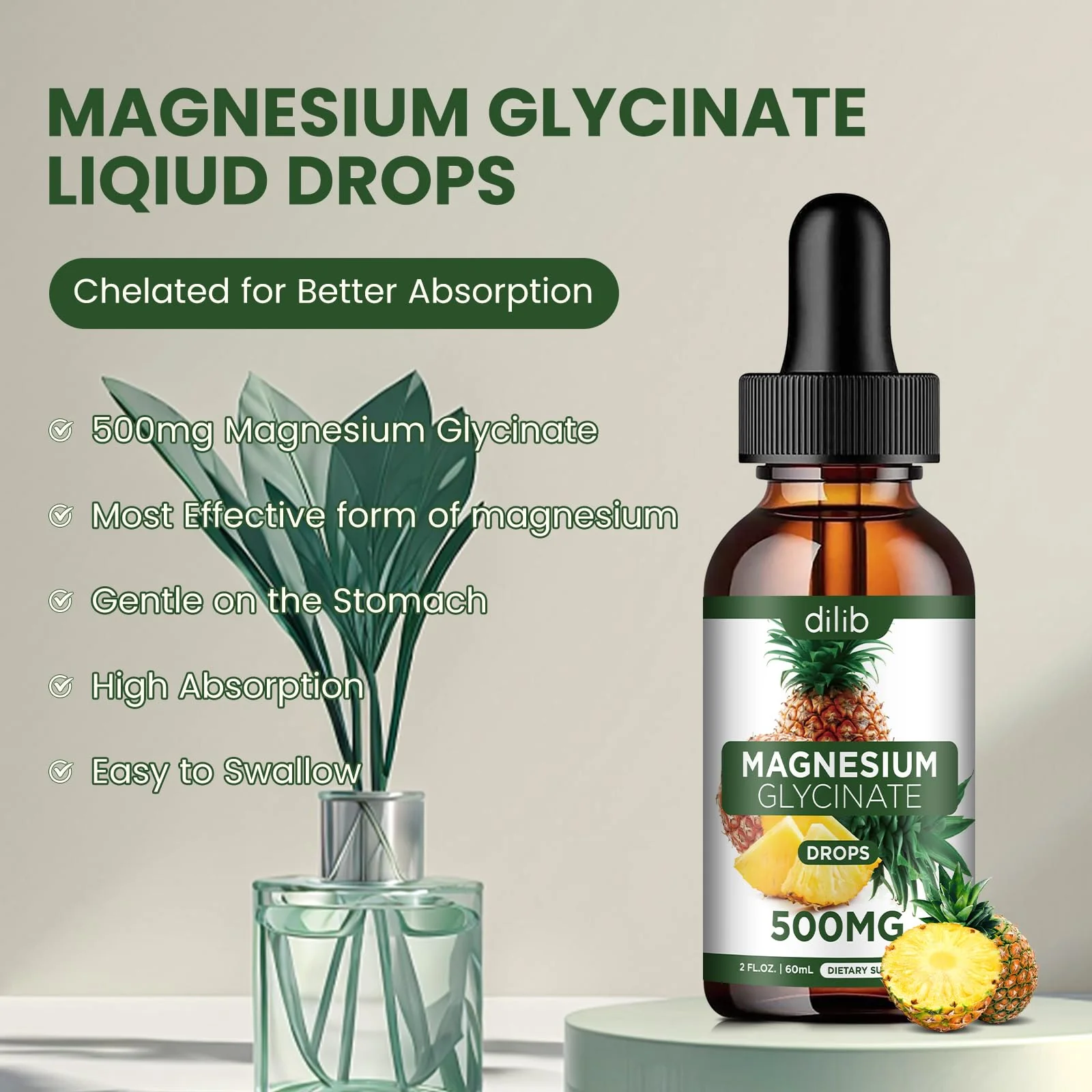 Magnesium Glycinate Supplement, Liquid Magnesium Glycinate Liquid Drops 500mg-Support Stress Relief, Relaxation, Mood, Sleep, Bone & Muscle-2 Fl Oz, Vegan, Pineapple Flavor - Image 7