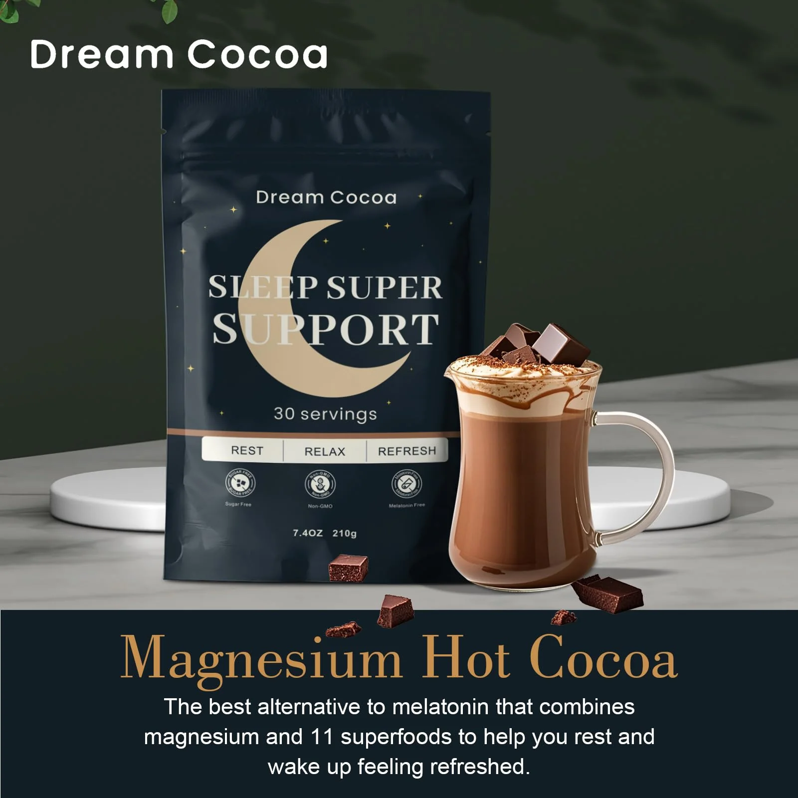 Magnesium Hot Cocoa – Melatonin-Free Natural Sleep Aid Hot Chocolate for Adults with Reishi Mushroom, L-Theanine & Zinc Glycinate – Relaxation & Restful Sleep Support Mushroom Coffee, 30 Servings - Image 6