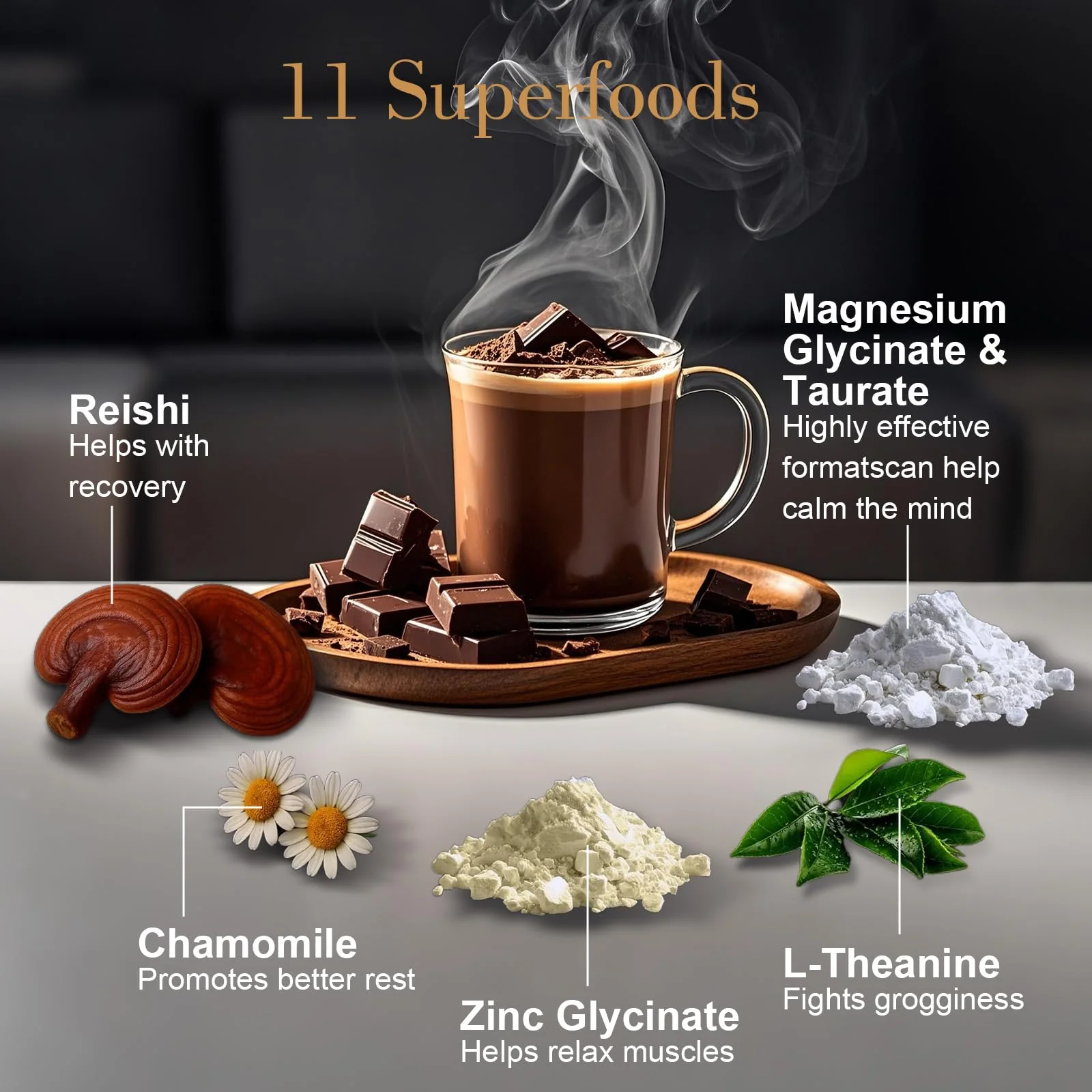 Magnesium Hot Cocoa – Melatonin-Free Natural Sleep Aid Hot Chocolate for Adults with Reishi Mushroom, L-Theanine & Zinc Glycinate – Relaxation & Restful Sleep Support Mushroom Coffee, 30 Servings - Image 7