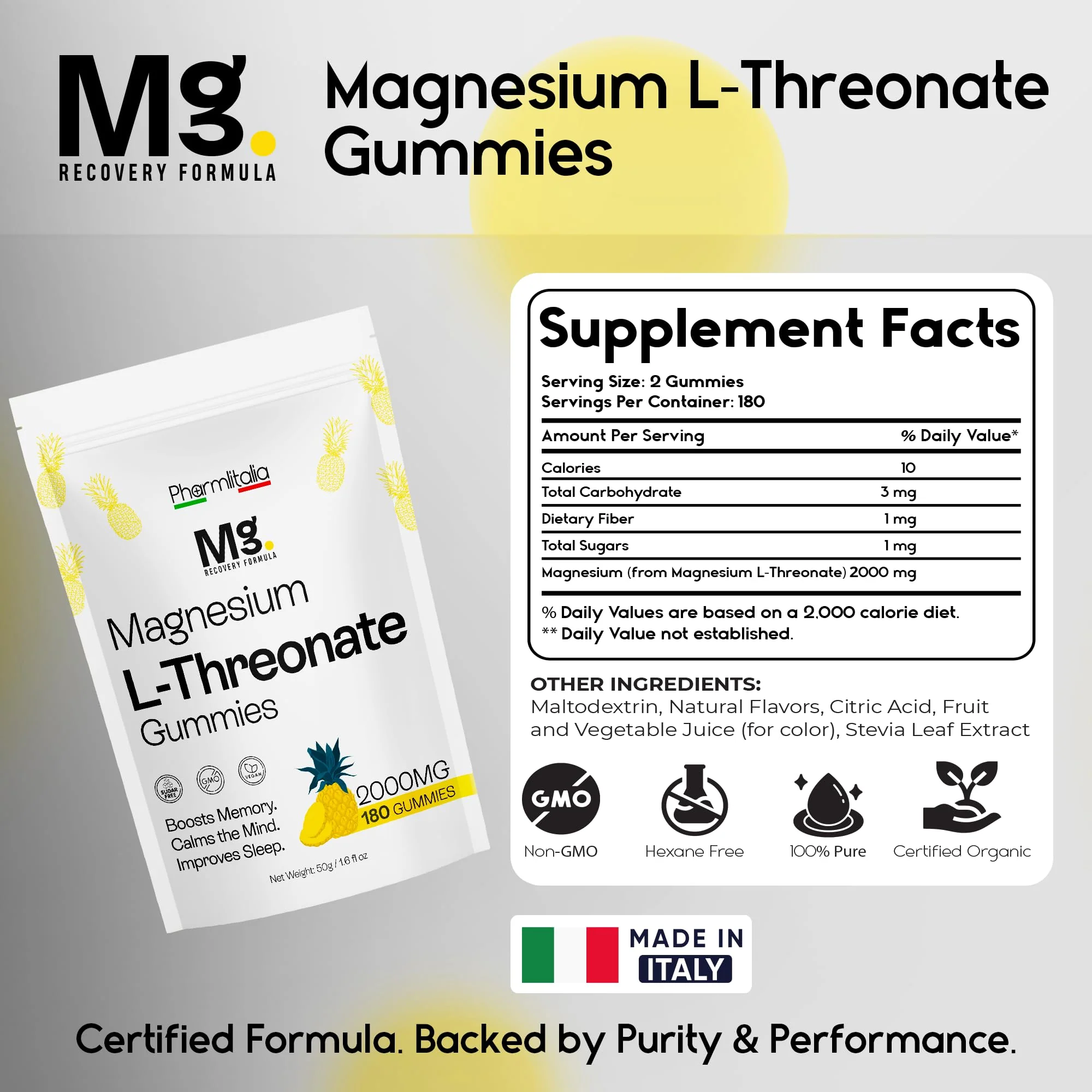 Magnesium L-Threonate Gummies for Adults & Kids 2000mg – Brain Supplements for Memory and Focus - 180 Count (Pack of 1) - Image 3