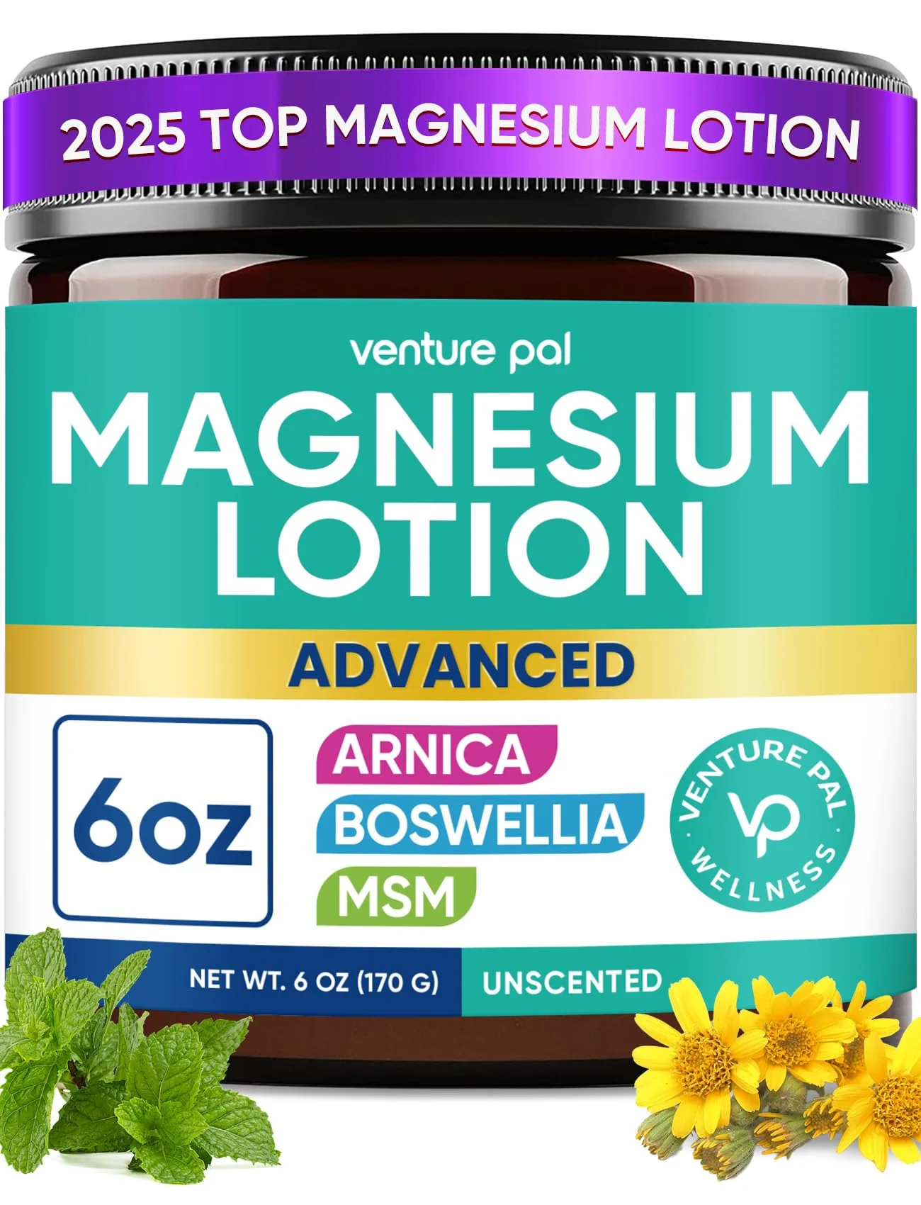 Magnesium Lotion with Arnica, MSM & Boswellia – Cooling Magnesium Cream – Lightweight Moisturizing Lotion for Legs & Feet – Safe for Kids – 6 fl oz