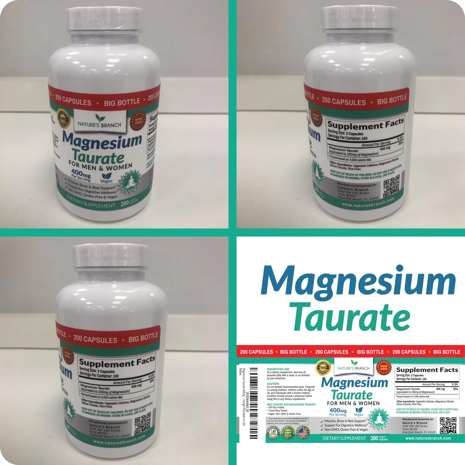 Magnesium Taurate 400mg | High Absorption | 200 Capsules for Sleep, Heart Health, Calm, Joint Supplement for Women and Men | Pure Elemental Mag Powder Plus Taurine - Extra Strength Pills - Image 2