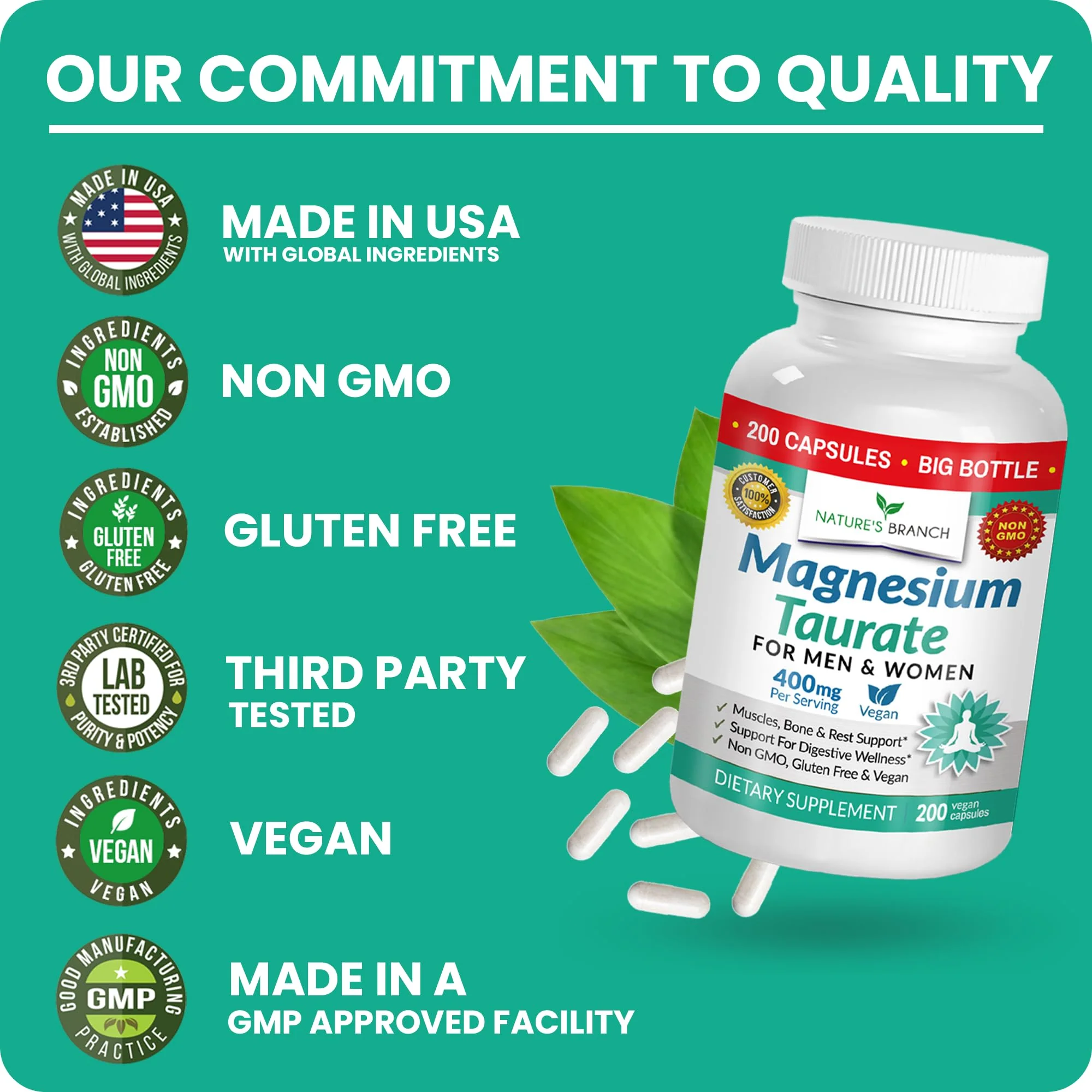 Magnesium Taurate 400mg | High Absorption | 200 Capsules for Sleep, Heart Health, Calm, Joint Supplement for Women and Men | Pure Elemental Mag Powder Plus Taurine - Extra Strength Pills - Image 4